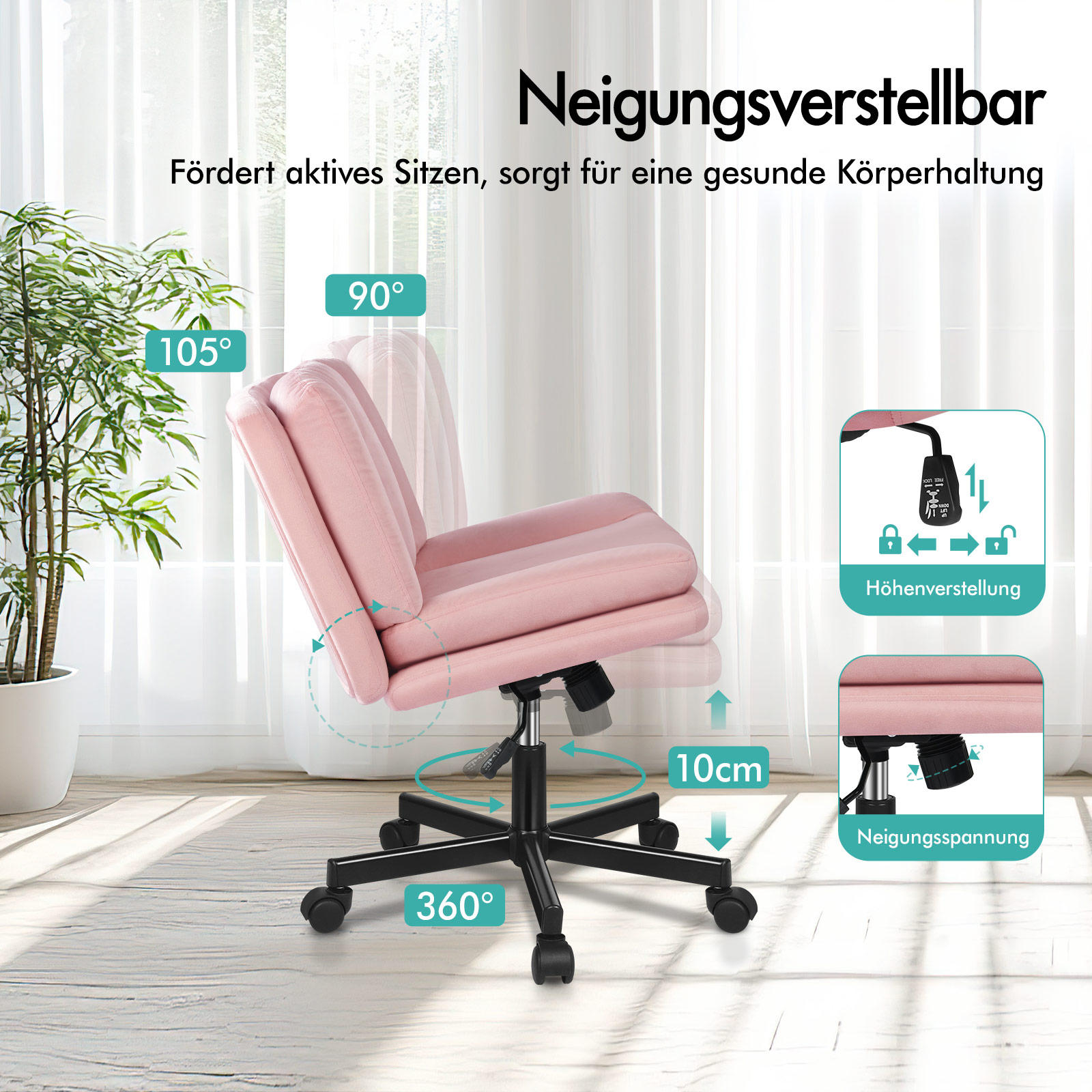 Rosa Bürostuhl mit Neigungsverstellung, 360-Grad-Drehung und Höhenverstellung vor hellem Hintergrund.