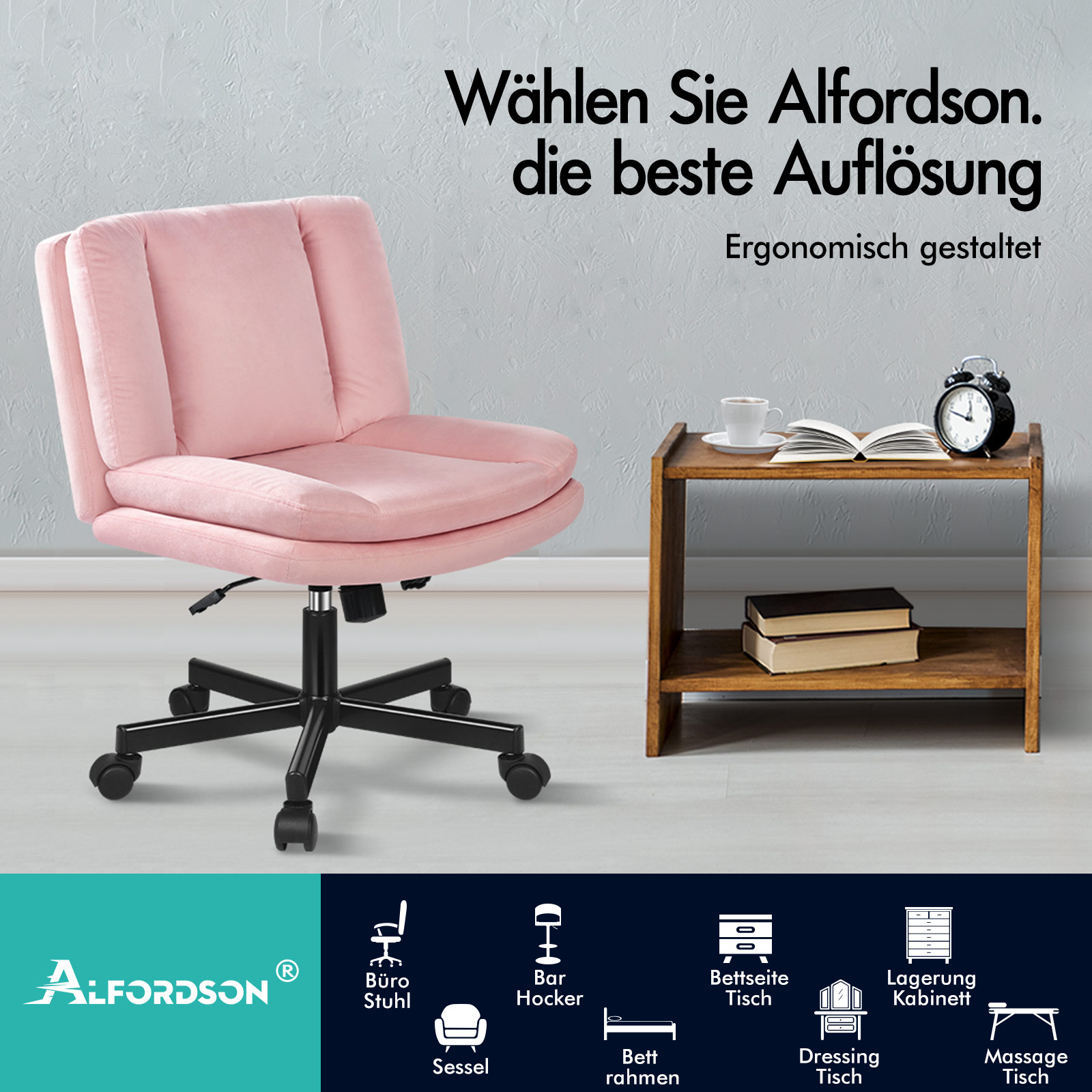 Rosa Bürostuhl auf Rädern neben einem Holztisch mit Uhr und Buch. Text oben.
