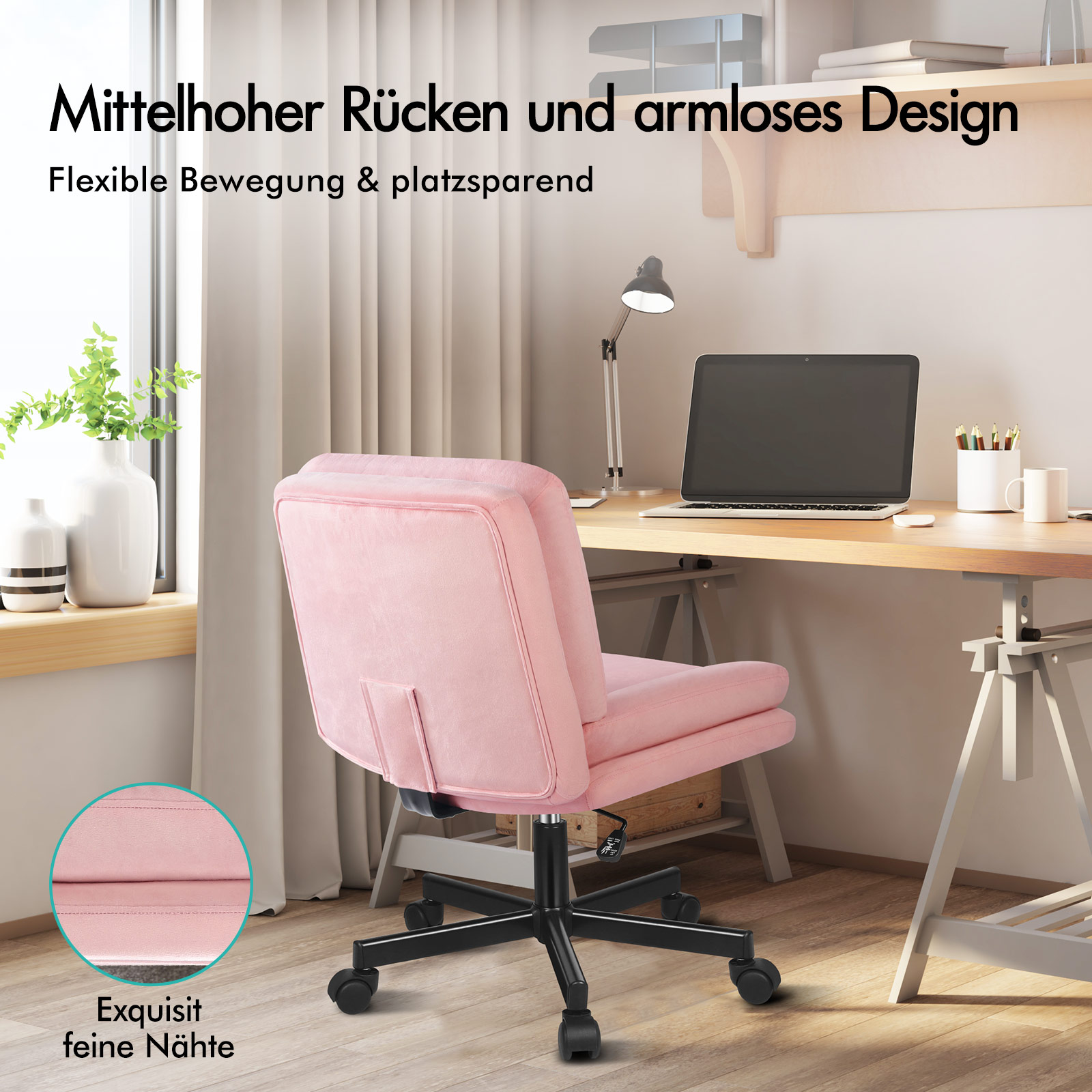 Rosa Schreibtischstuhl mit schwarzem Gestell vor einem Holztisch mit Laptop und Lampe.