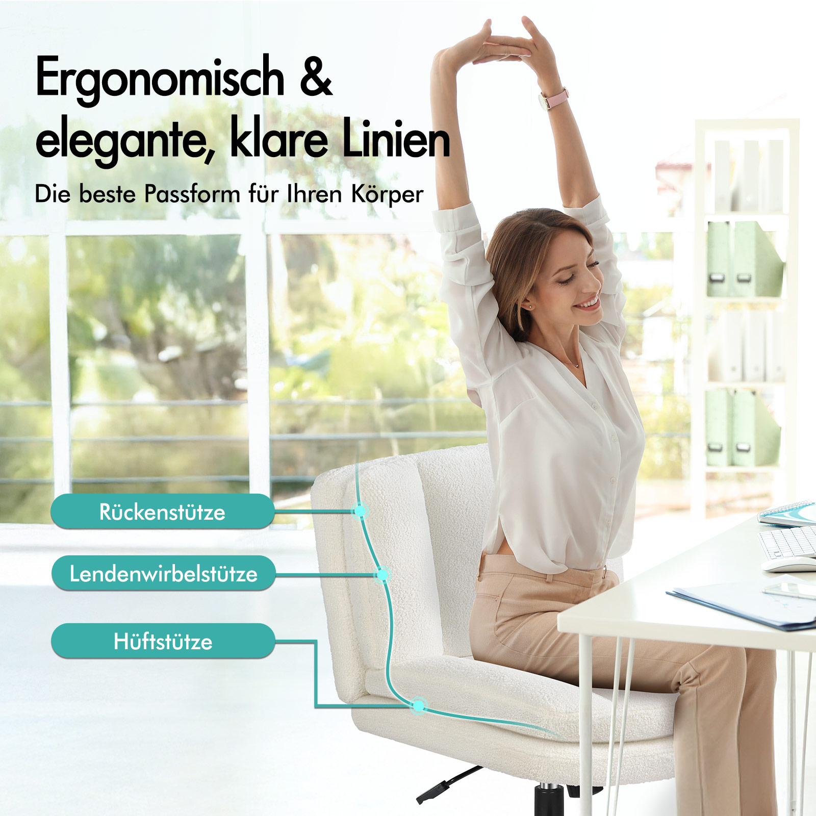 Eine Frau streckt sich glücklich auf einem weißen Bürostuhl mit ergonomischen Stützfunktionen.