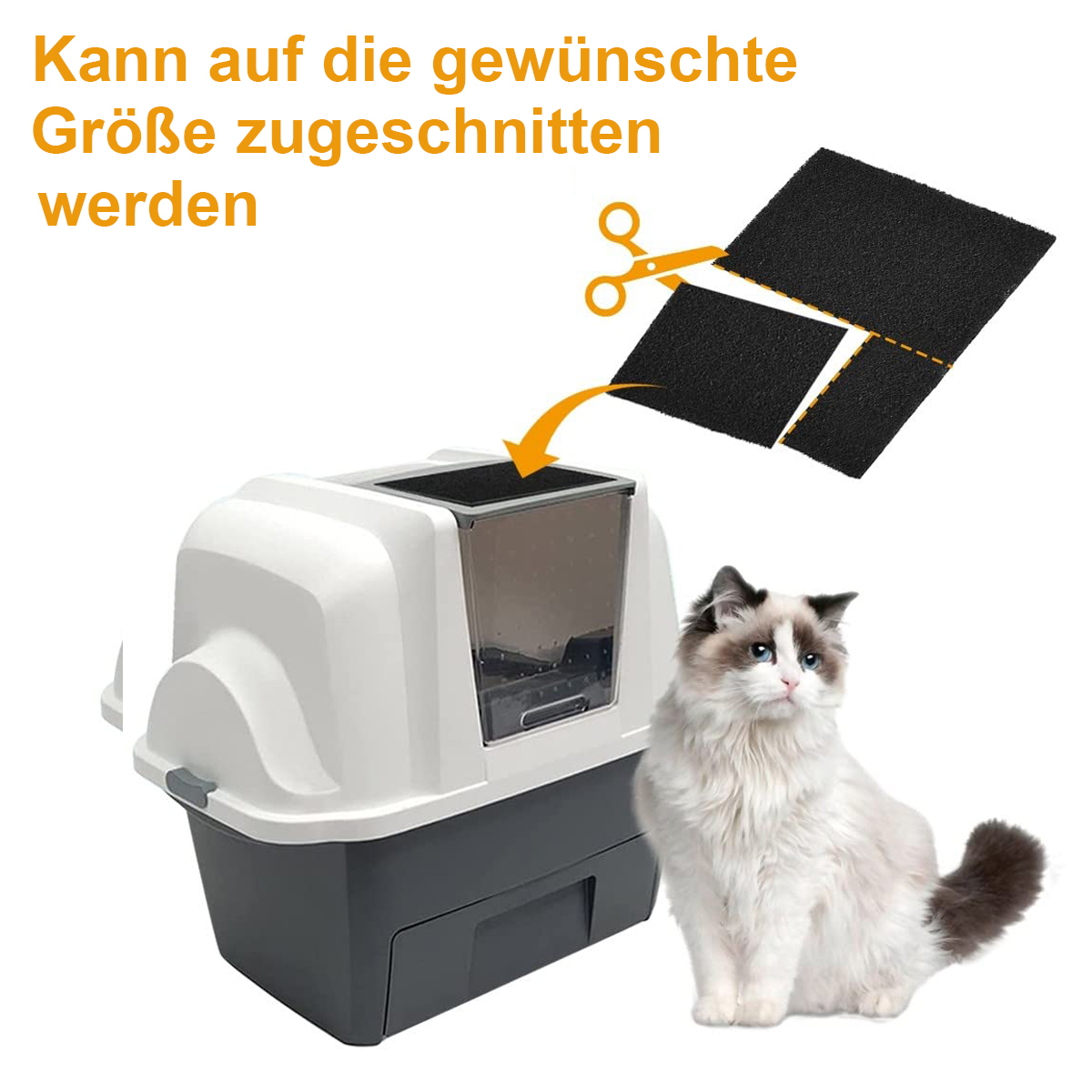 Eine Katze sitzt neben einer Katzentoilette, während eine Schere eine schwarze Filtermatte schneidet.