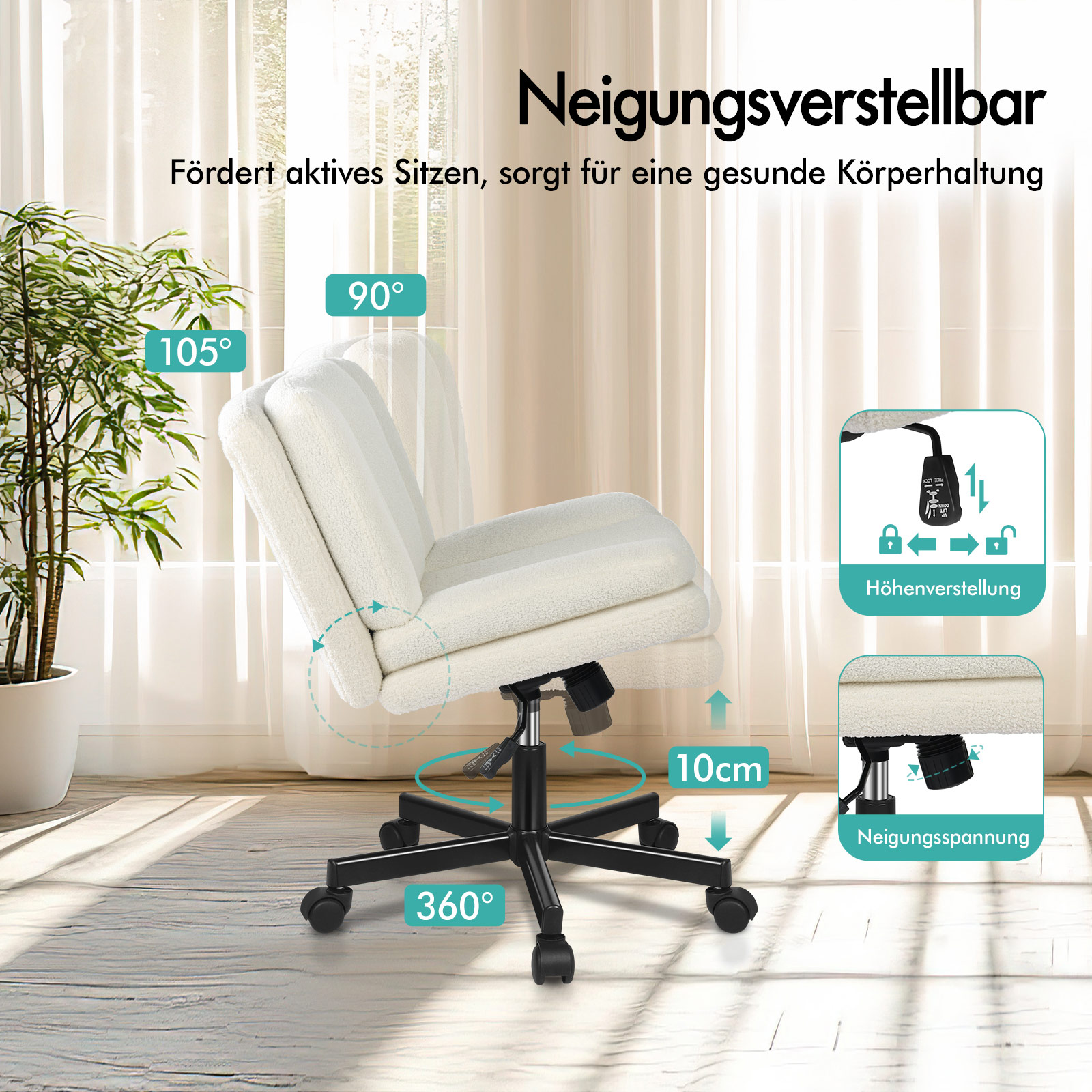 Weißer, höhenverstellbarer Drehstuhl mit Rollen und Neigungsfunktion vor Vorhängen.