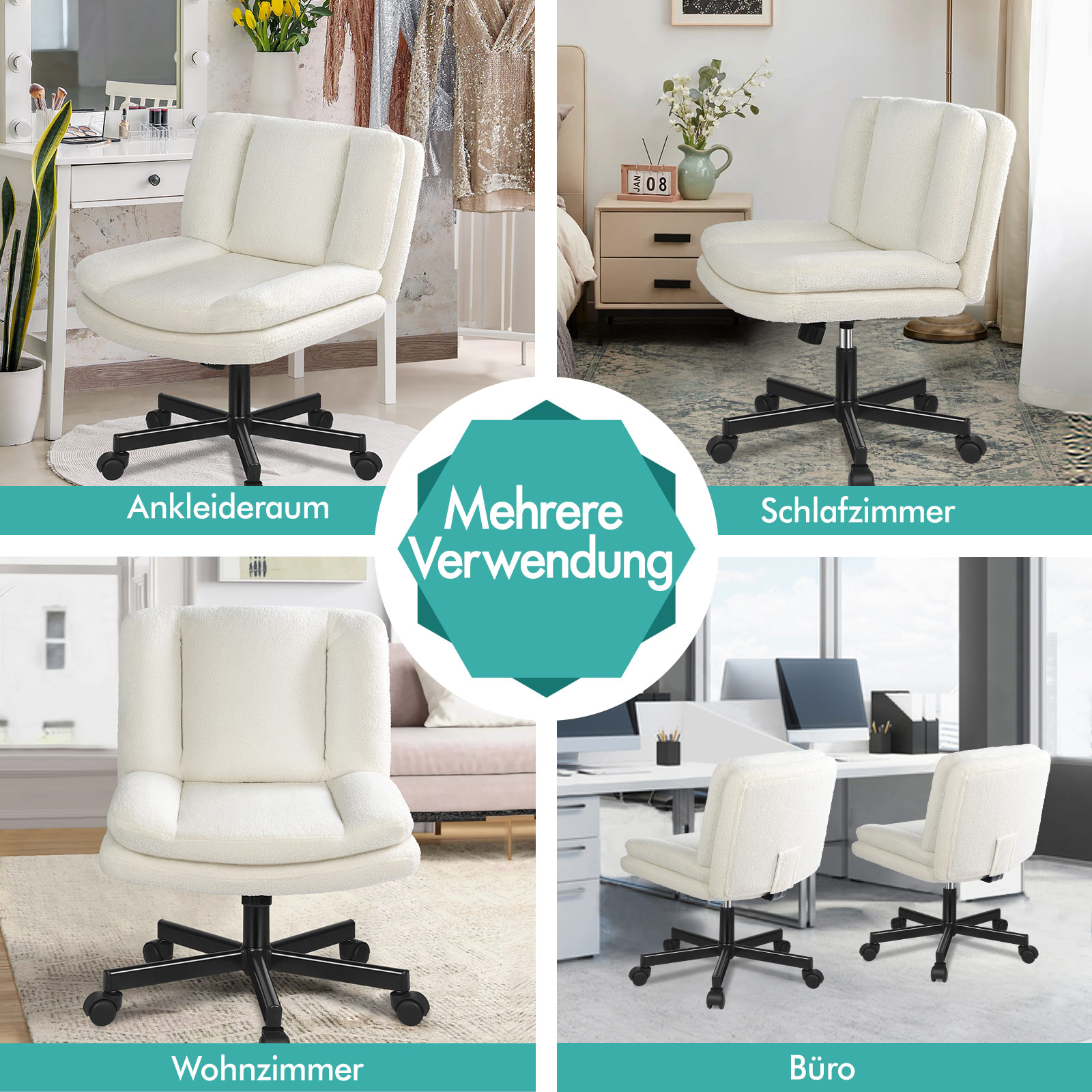 Weißer, flauschiger Drehstuhl in vier Räumen: Ankleidezimmer, Schlafzimmer, Wohnzimmer und Büro.