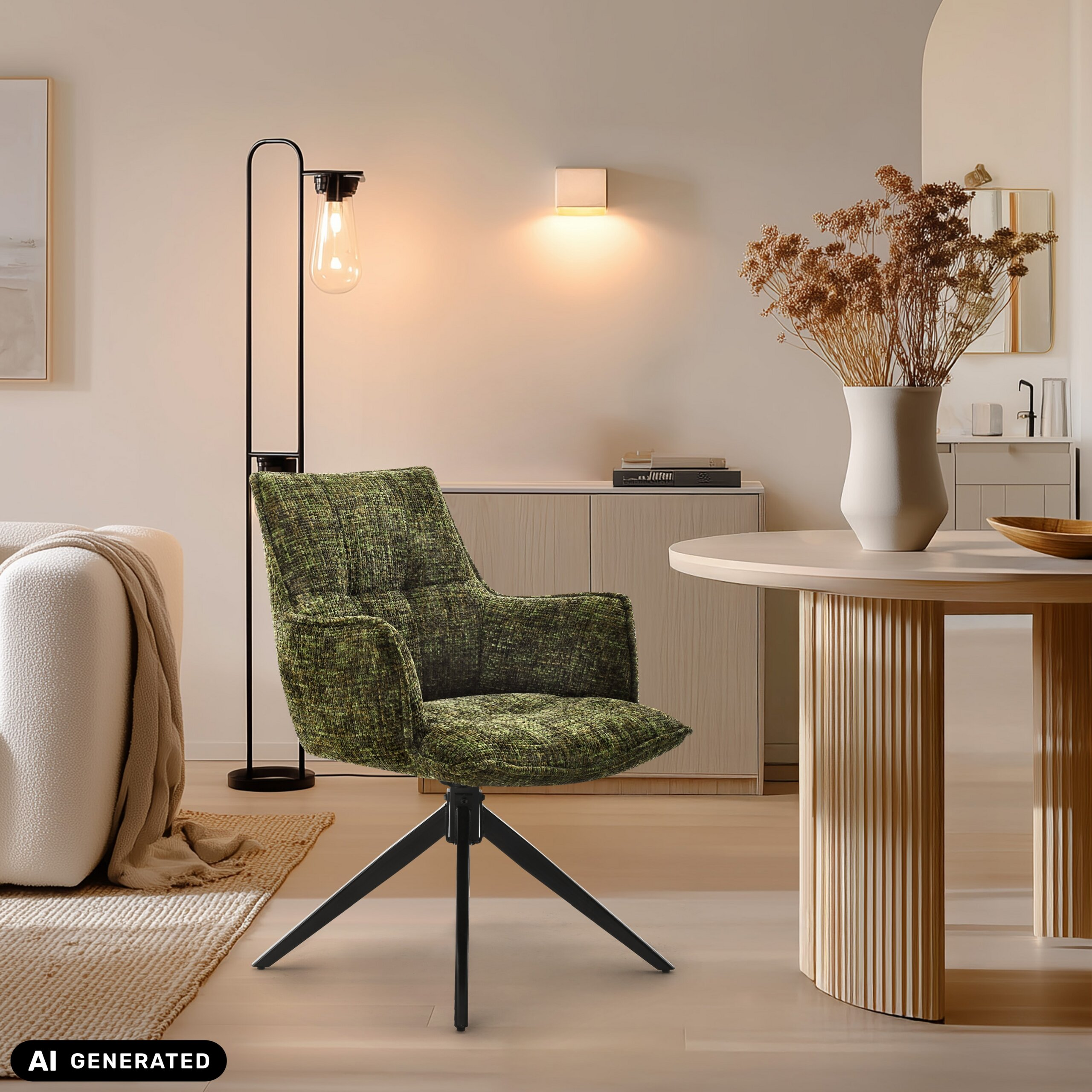 Ein grüner Polsterdrehstuhl steht in einem modernen Raum mit rundem Holztisch, Lampe und neutralem Dekor.