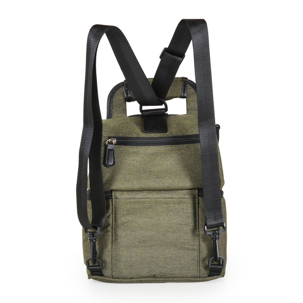 Ein olivgrüner Rucksack mit schwarzen Schultergurten und Reißverschlusstaschen auf weißem Hintergrund.