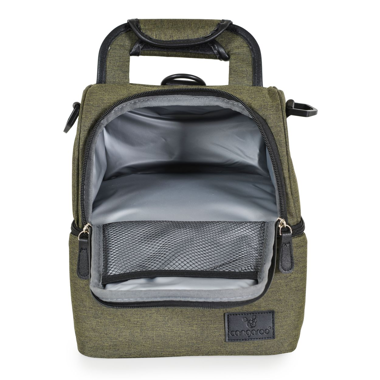 Eine offene, olivgrüne Kühltasche mit silbernem Innenfutter und einem oberen Griff vor weißem Hintergrund.