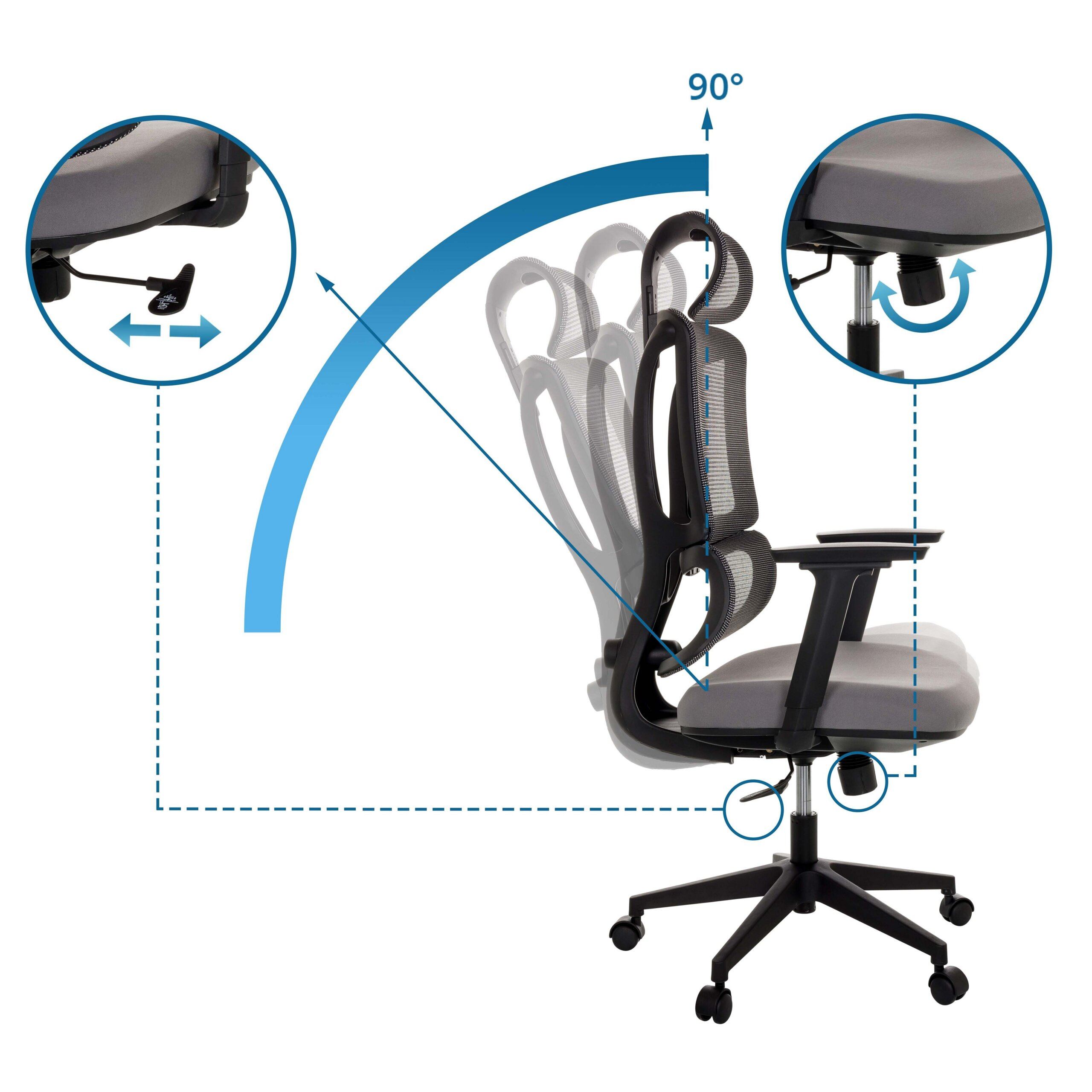 Bürostuhl mit verstellbarer Neigung, dargestellt mit Bedienungsanleitungen und Zoom-In-Ausschnitten.