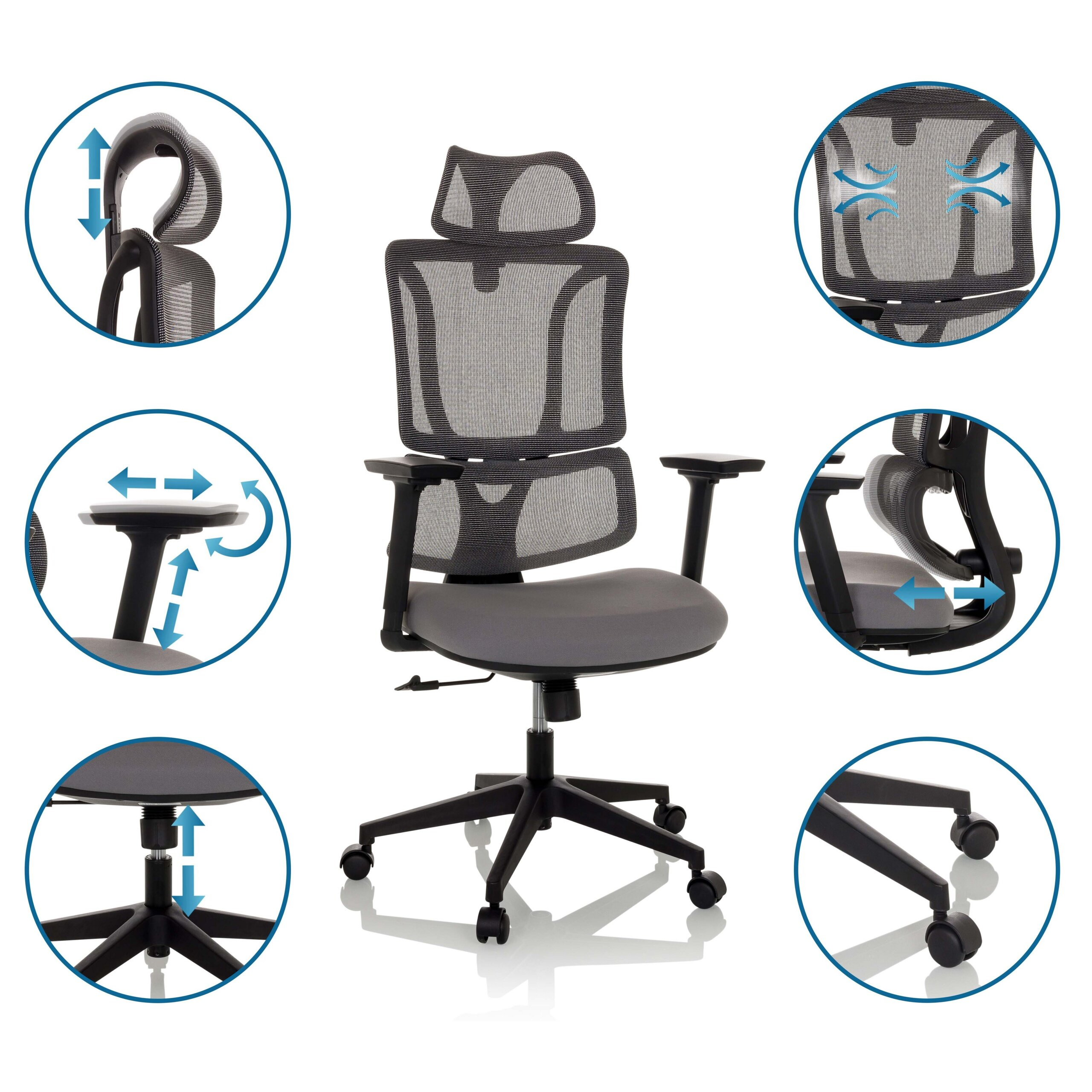 Ergonomischer Bürostuhl mit Mesh-Rückenlehne und Funktionskreisen, die Features wie verstellbare Armlehnen und Rollen zeigen.