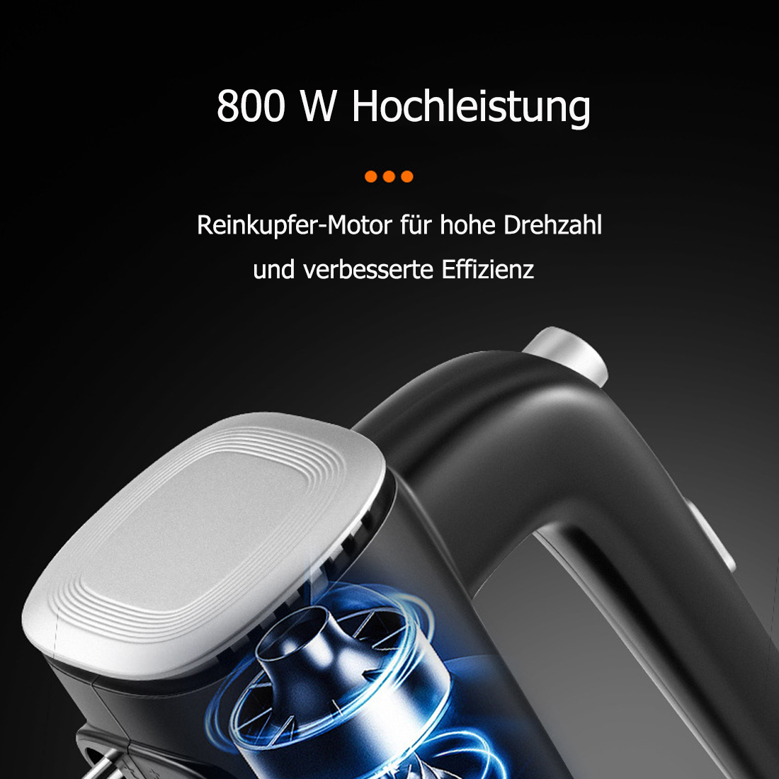 Handmixer mit 800W Kupfermotor und blauen Luftstromlinien auf schwarzem Hintergrund.