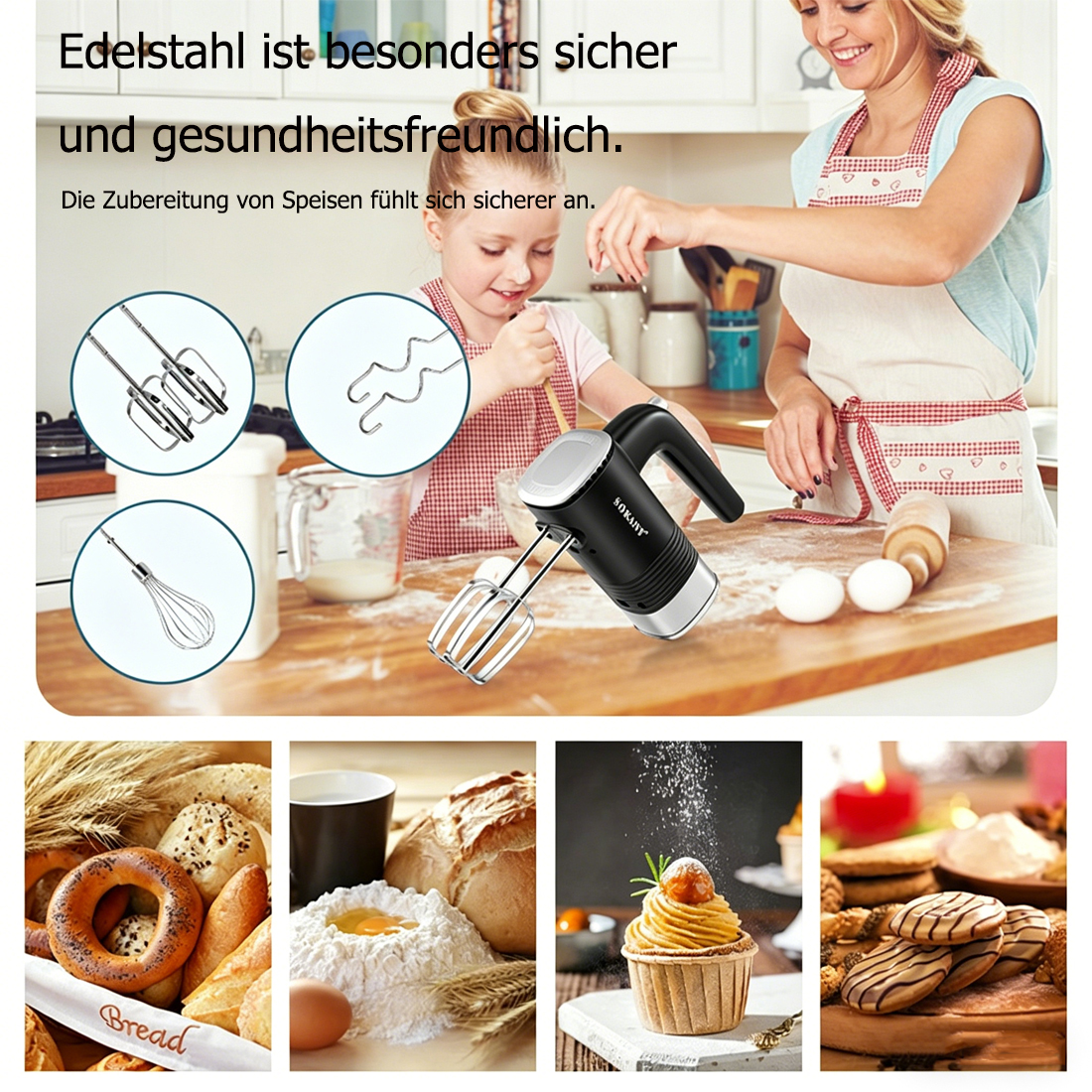 Eine Frau und ein Mädchen backen in einer Küche mit einem Handrührgerät, unten sind Brot und Gebäck zu sehen.