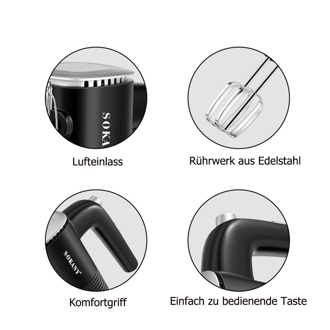 Vier runde Detailaufnahmen eines schwarzen Handmixers zeigen Lufteinlass, Edelstahl-Rührwerk, Griff und Taste.