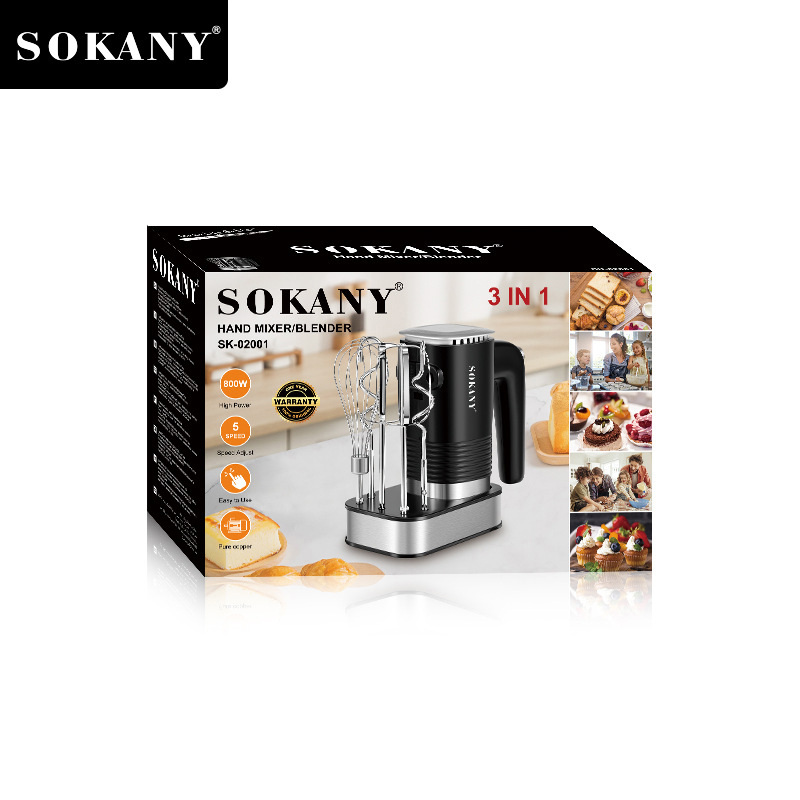 Produktverpackung eines Sokany 3-in-1 Handrührgeräts mit Zubehör und Anwendungsfotos.