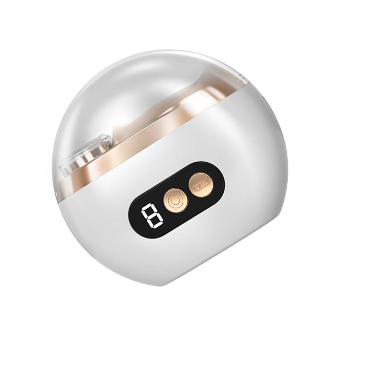 Ein weißes, kugelförmiges Gerät mit einer durchsichtigen Haube und einem digitalen Display mit Roségold-Knöpfen.