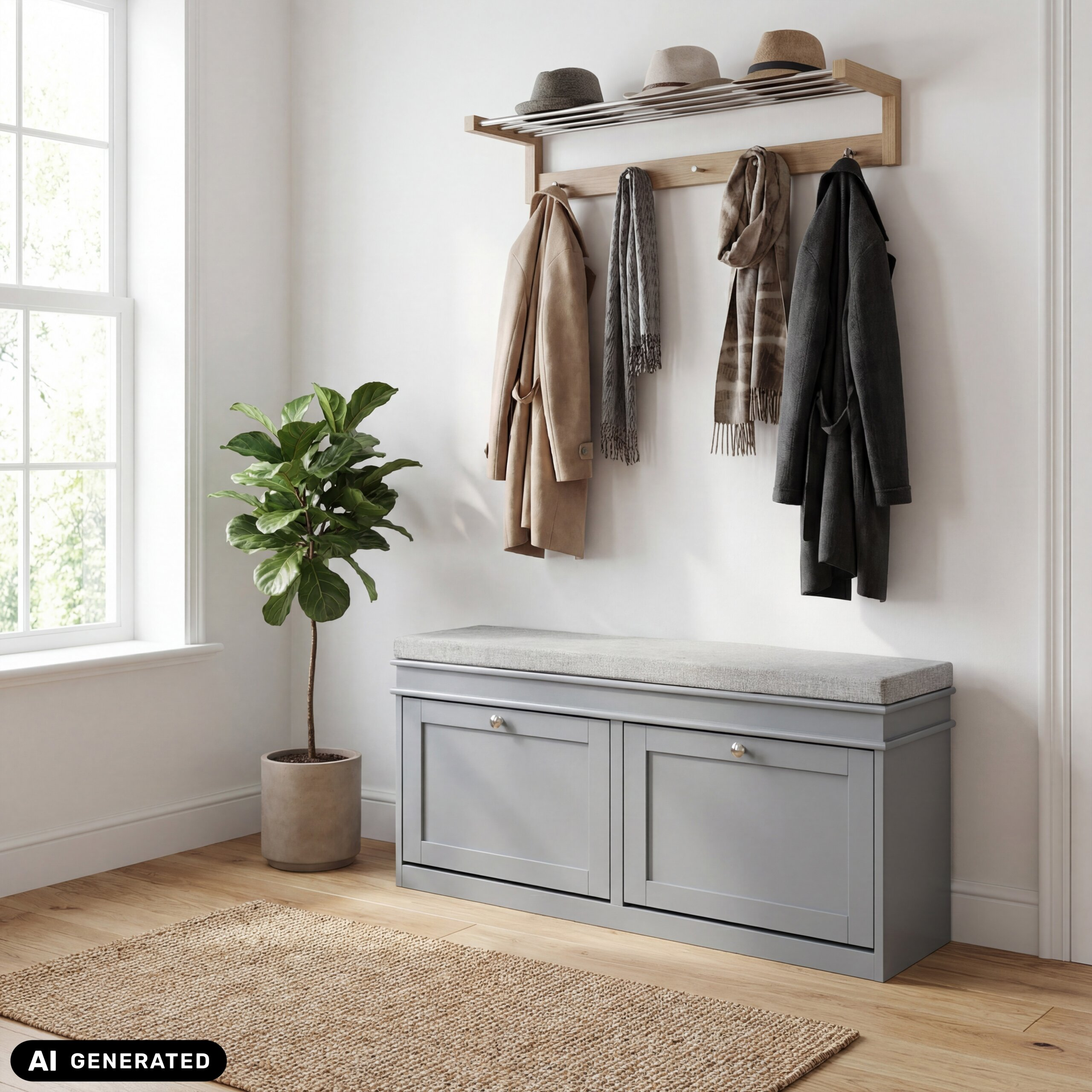 Flur mit grauer Sitzbank, Hutablage mit Mänteln und Hüten, Zimmerpflanze und Juteteppich.