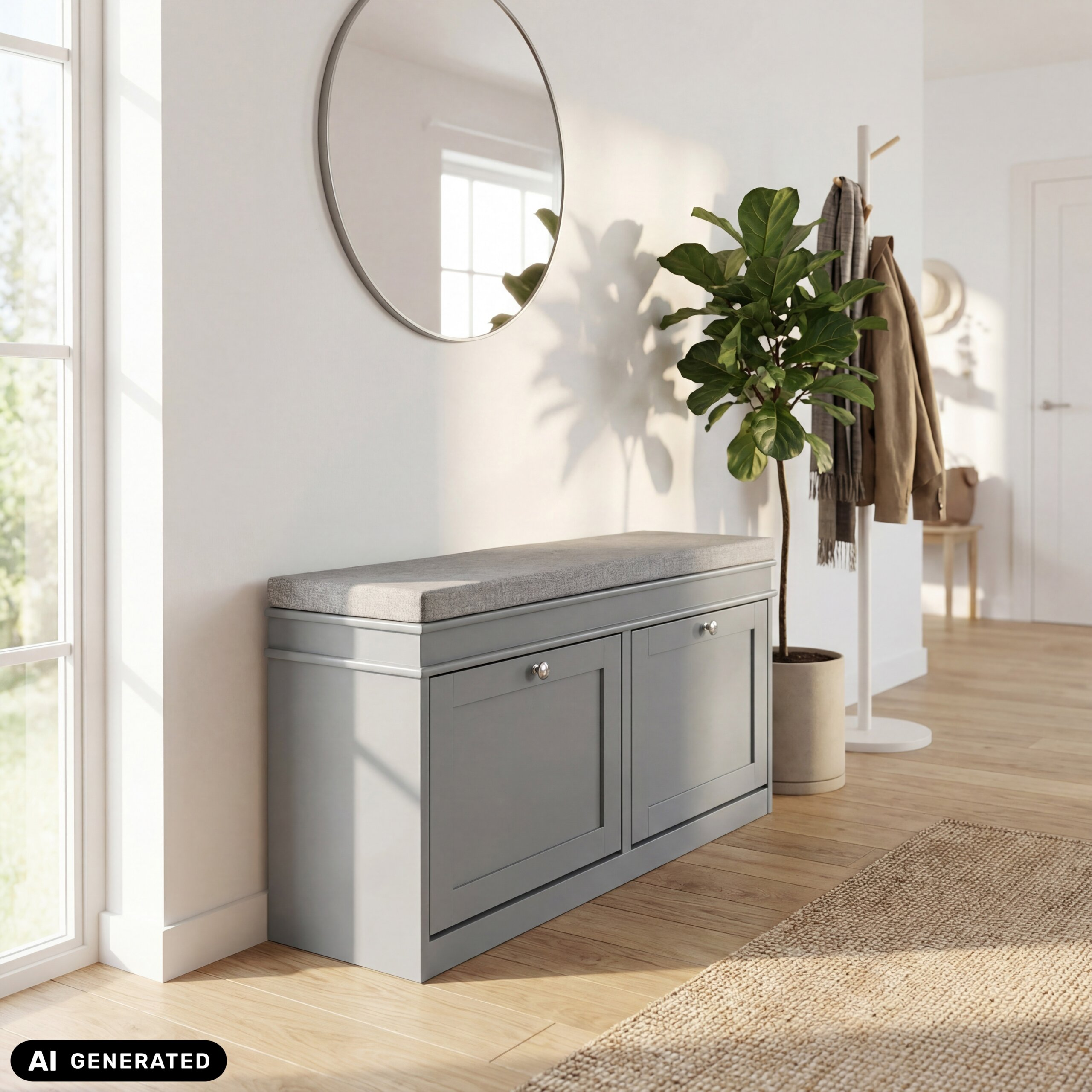 Eine graue Aufbewahrungsbank mit Kissen in einem hellen Flur mit rundem Spiegel, Pflanze und Garderobe.