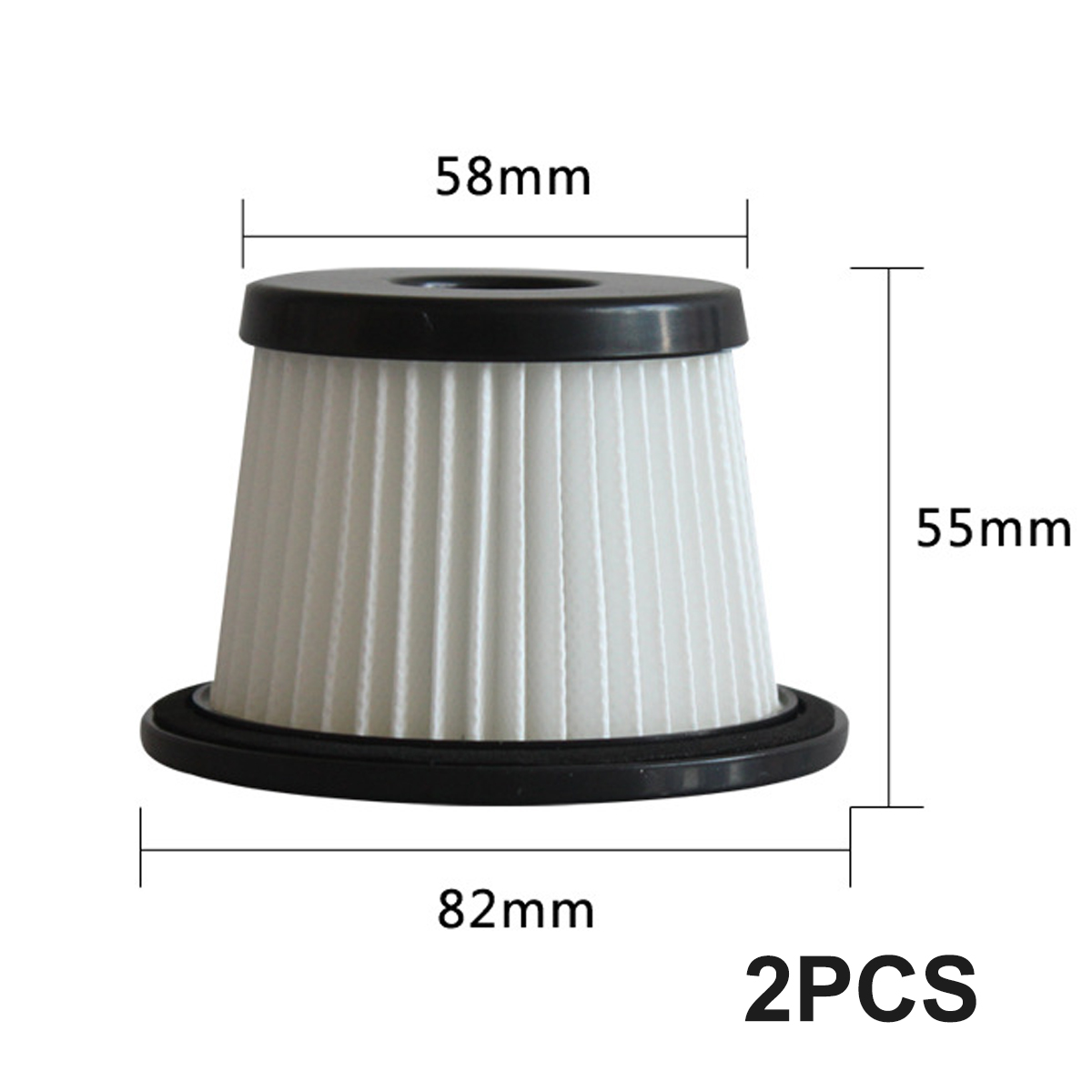 Weisser zylindrischer Filter mit schwarzen Kappen, 58mm oben, 82mm unten, 55mm hoch.