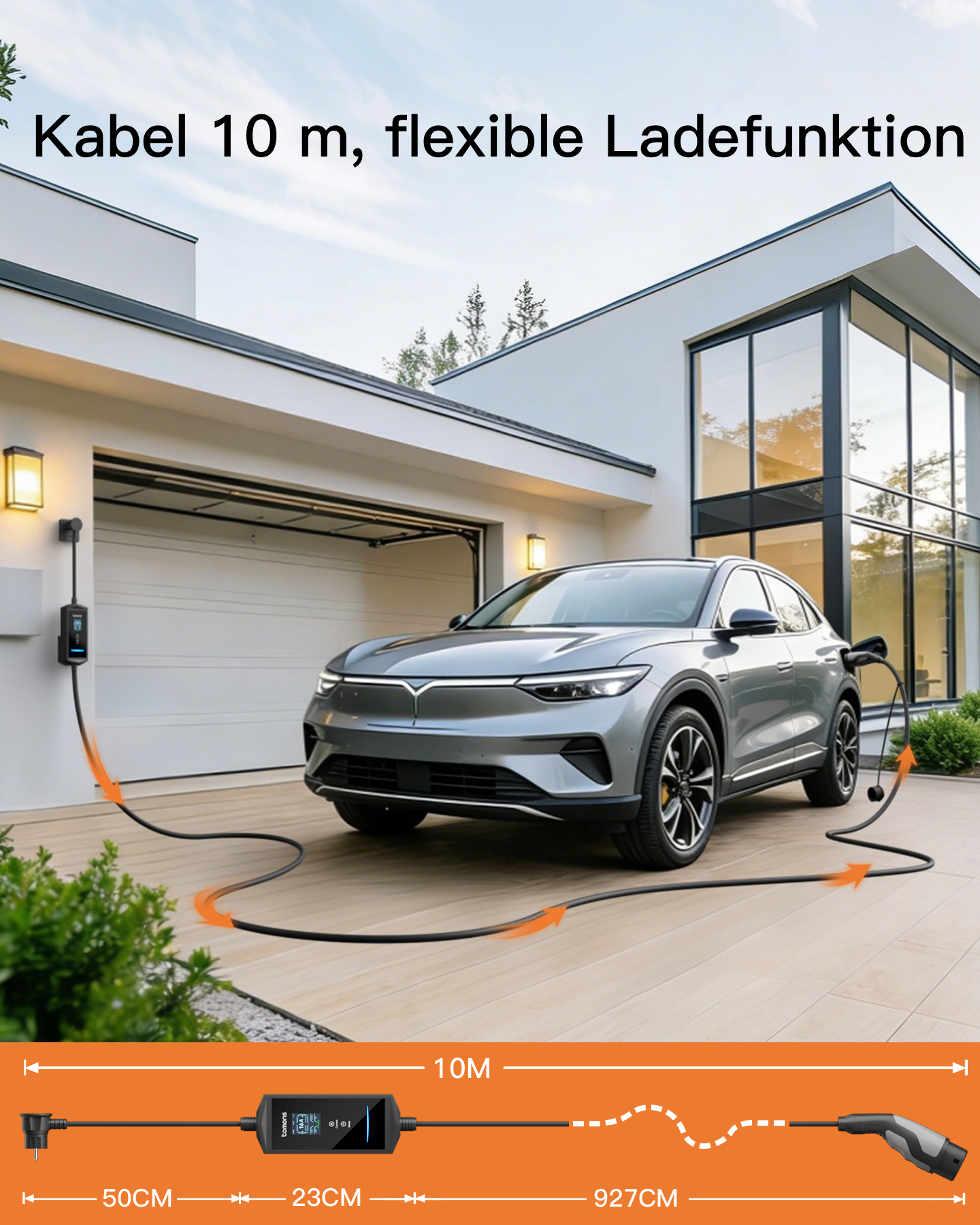 Ein silbernes E-Auto parkt vor einer modernen Garage und wird von einer 10 Meter langen Ladebox geladen.
