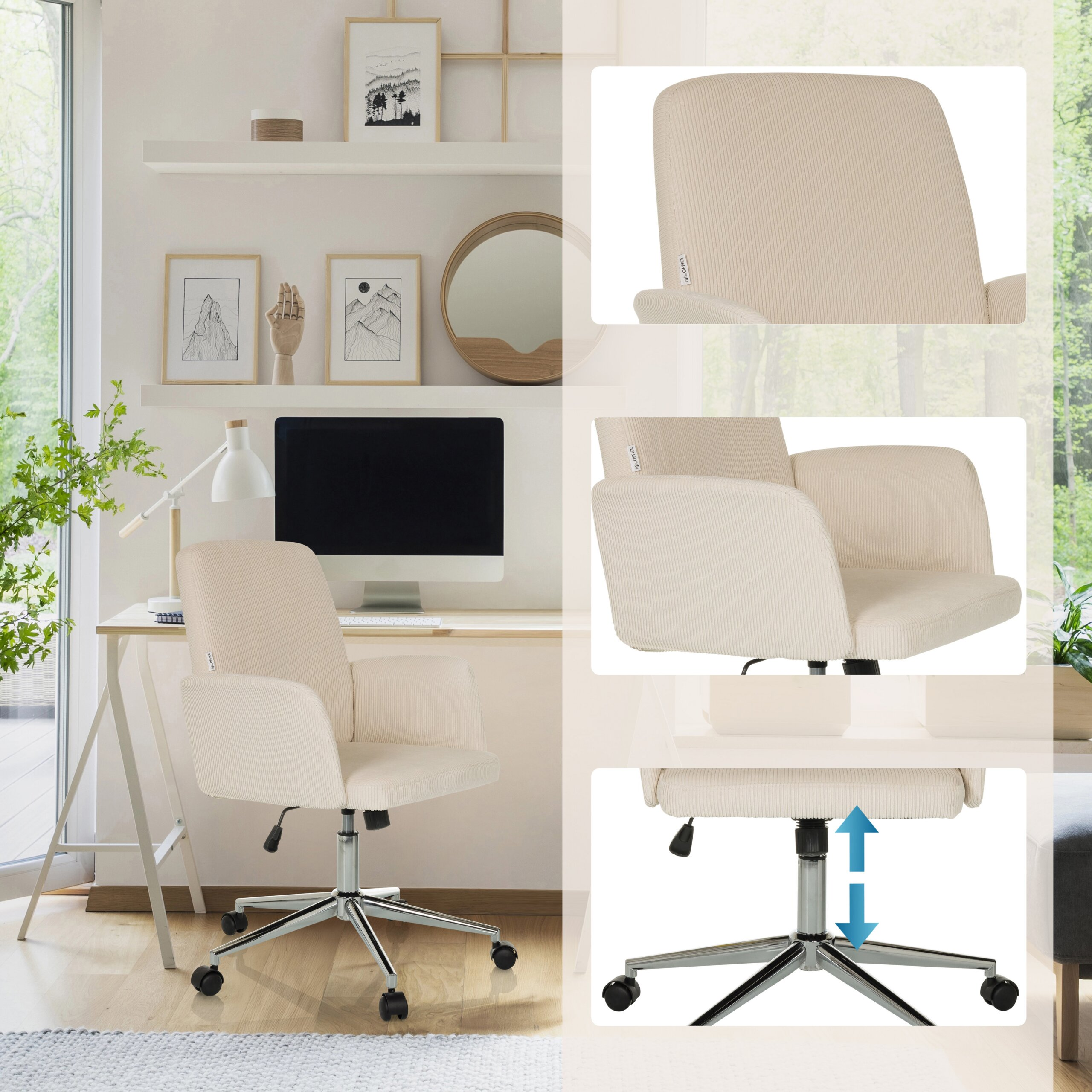 Beiger Cord-Bürostuhl mit höhenverstellbarem Metallgestell vor einem Schreibtisch.