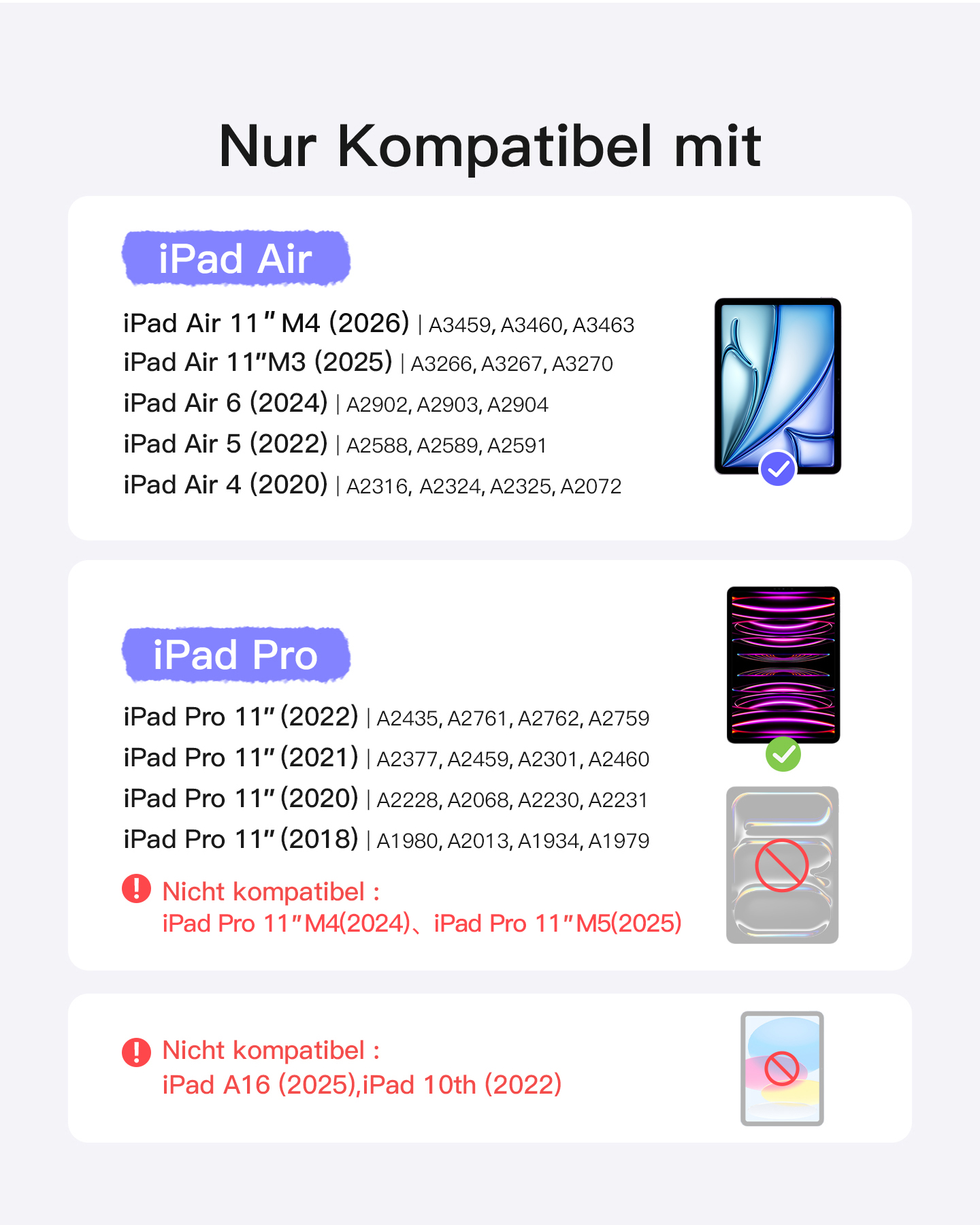 Kompatibilitätsliste für iPad Air und iPad Pro mit Modellnummern und Gerätedarstellungen.