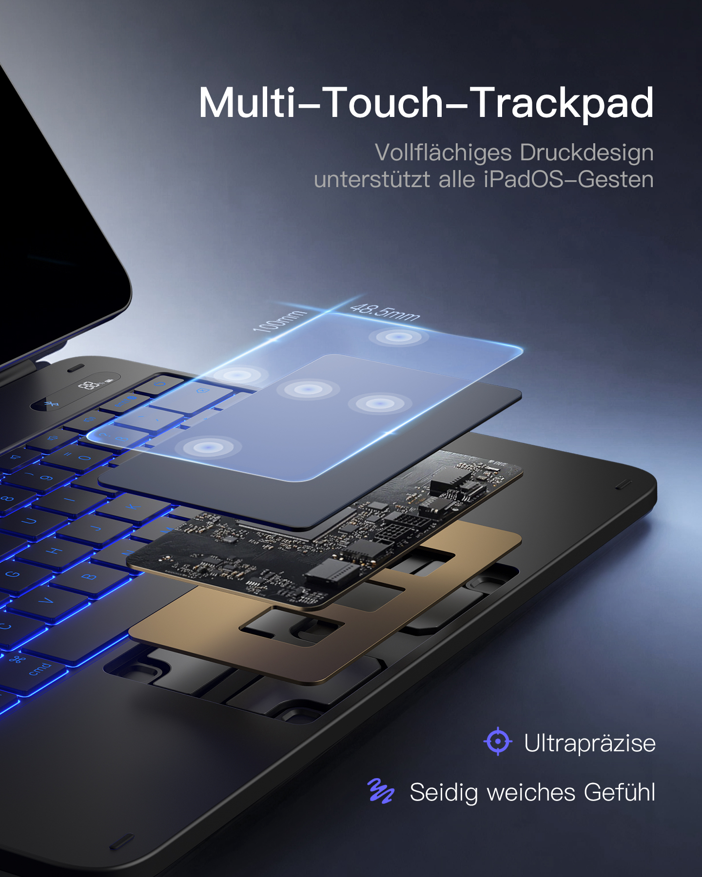 Explosionsdarstellung eines Multi-Touch-Trackpads mit elektronischen Komponenten und Abmessungen von 100mm x 48,5mm.