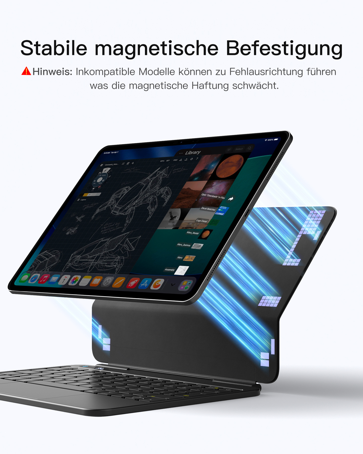 Ein schwarzes Tablet schwebt über einer Tastaturhülle, verbunden durch leuchtende blaue Linien, mit Warntext.