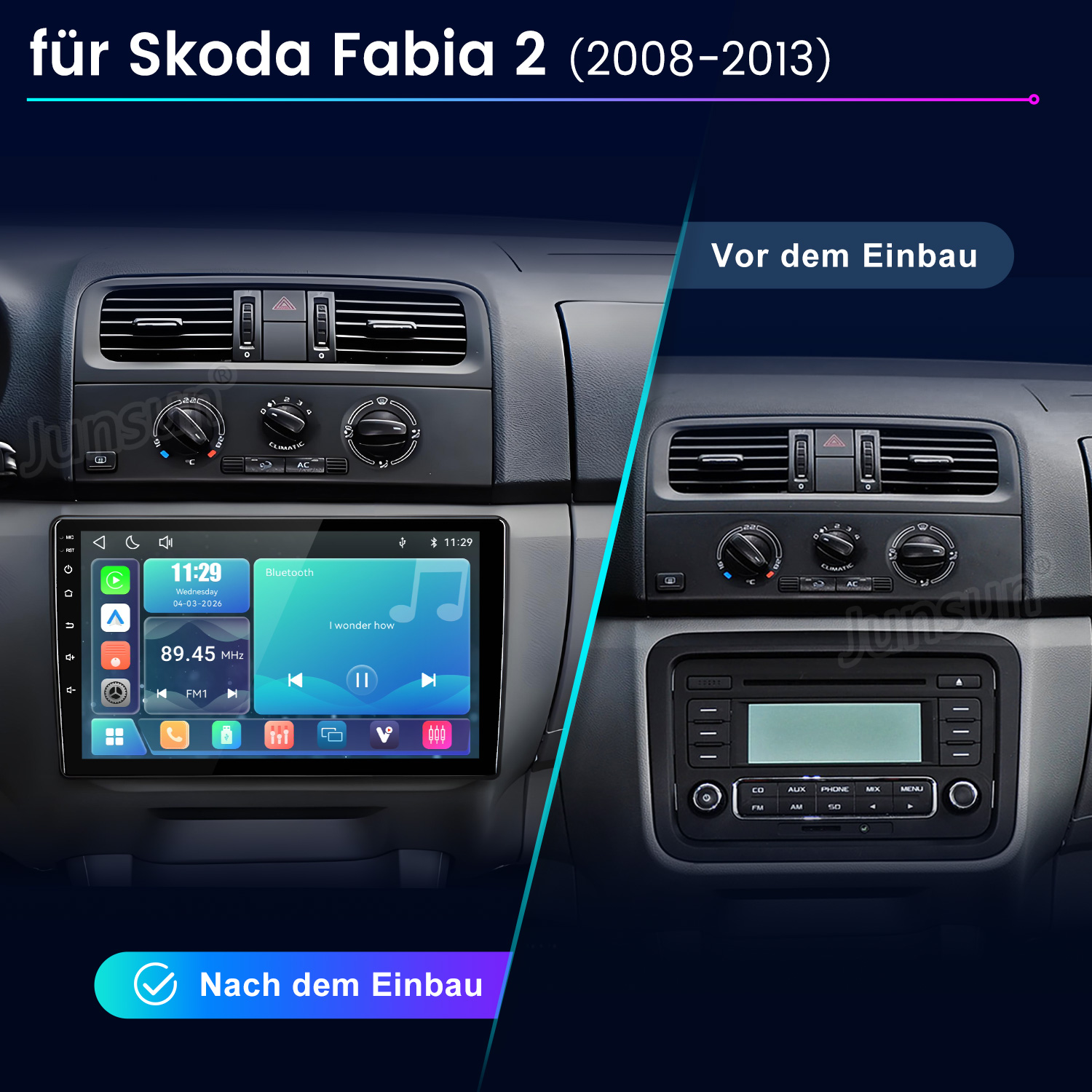 Vergleich Skoda Fabia 2 Armaturenbrett vor und nach dem Einbau eines modernen Touchscreen-Autoradios.