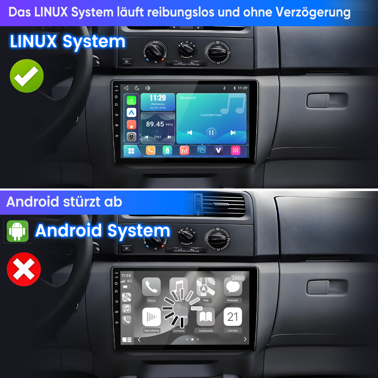 Vergleich zweier Auto-Displays: Oben Linux mit reibungsloser Funktion, unten Android mit einem Ladekreis.
