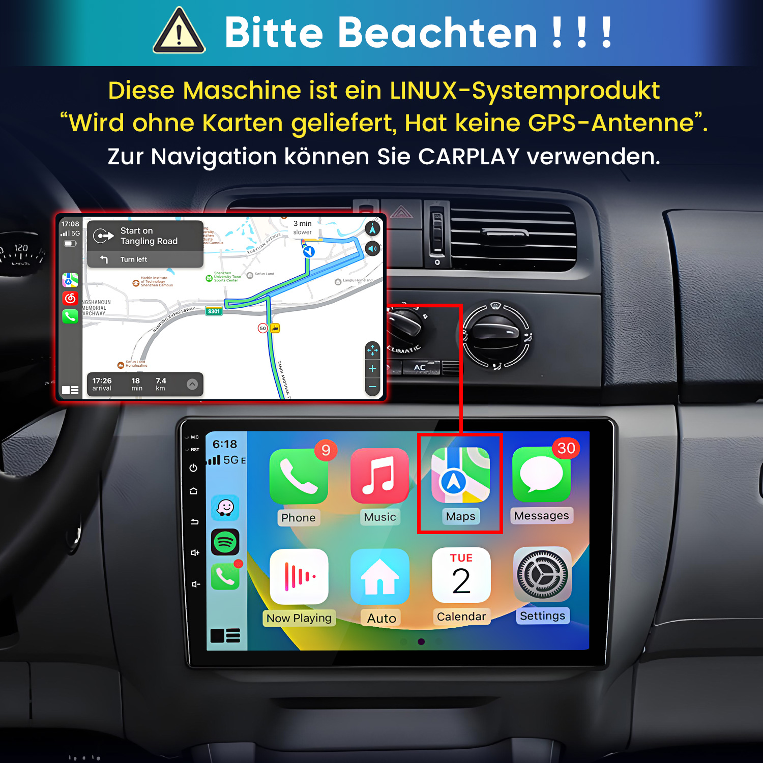 Autoradio mit CarPlay-Bildschirm, der eine Navigationskarte und App-Symbole im Armaturenbrett eines Autos zeigt.
