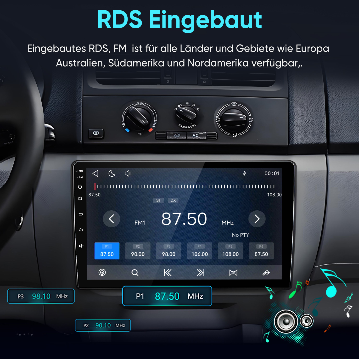 Ein Auto-Armaturenbrett mit einem digitalen Touchscreen-Radio, das einen FM-Sender auf 87,50 MHz anzeigt.
