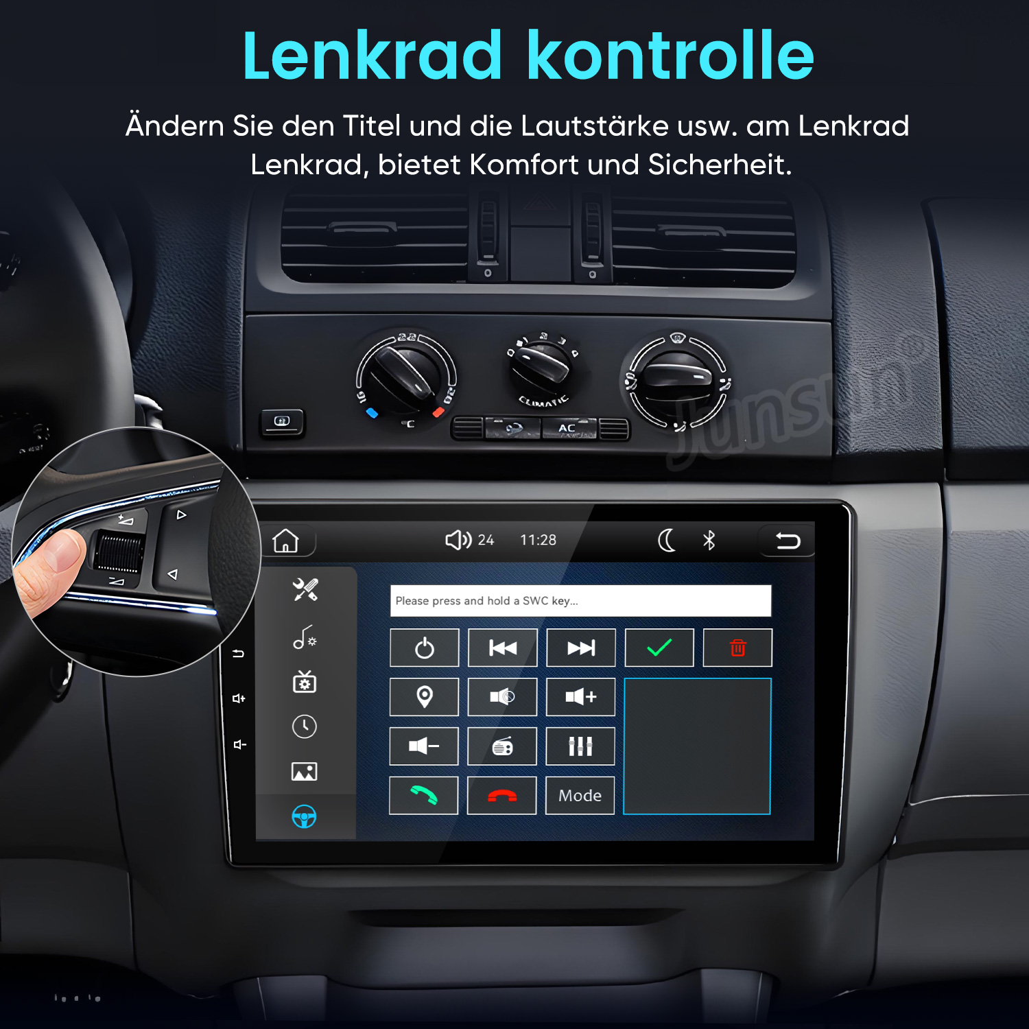 Autobarmaturenbrett mit digitalem Multimedia-Display und Lenkradsteuerung im Inset.