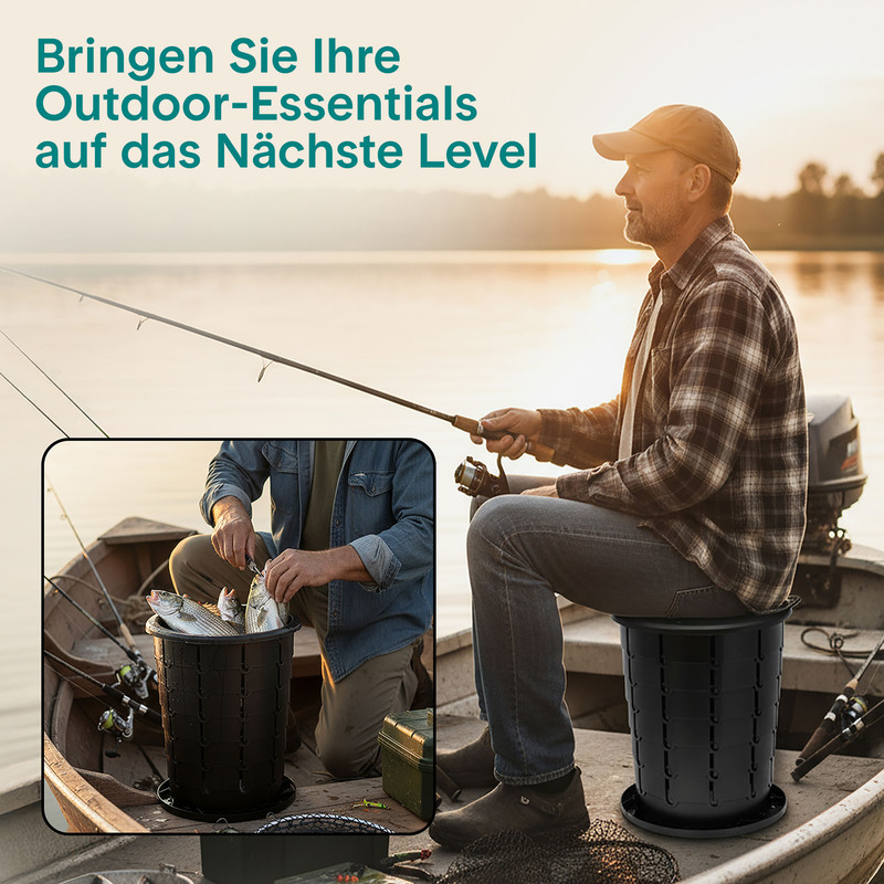 Ein Mann sitzt auf einem schwarzen Eimer in einem Boot und angelt auf einem See.