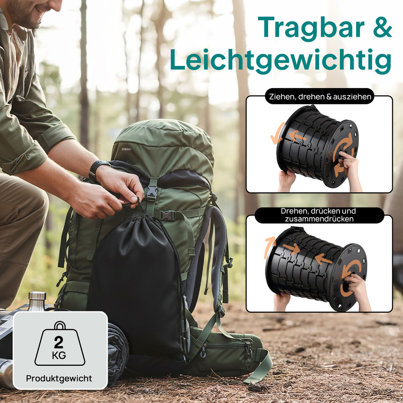 Ein Rucksack und eine tragbare, leichte Hocker im Wald mit Anleitung.