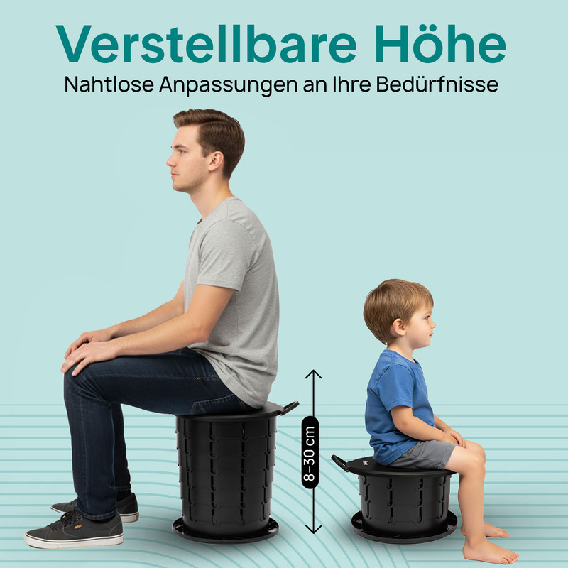 Ein Mann und ein Kind sitzen auf verstellbaren schwarzen Hockern vor hellblauem Hintergrund mit deutschem Text.