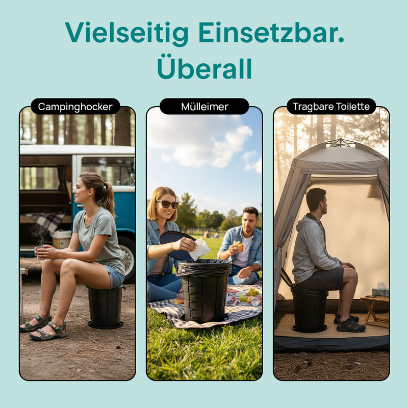 Ein tragbarer schwarzer Eimer, der als Campinghocker, Mülleimer oder tragbare Toilette nutzbar ist.