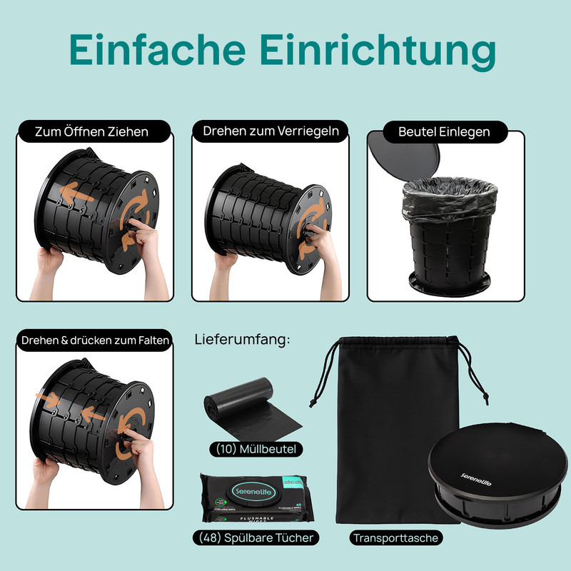 Anleitung zur einfachen Einrichtung einer tragbaren Toilette mit Zubehör.