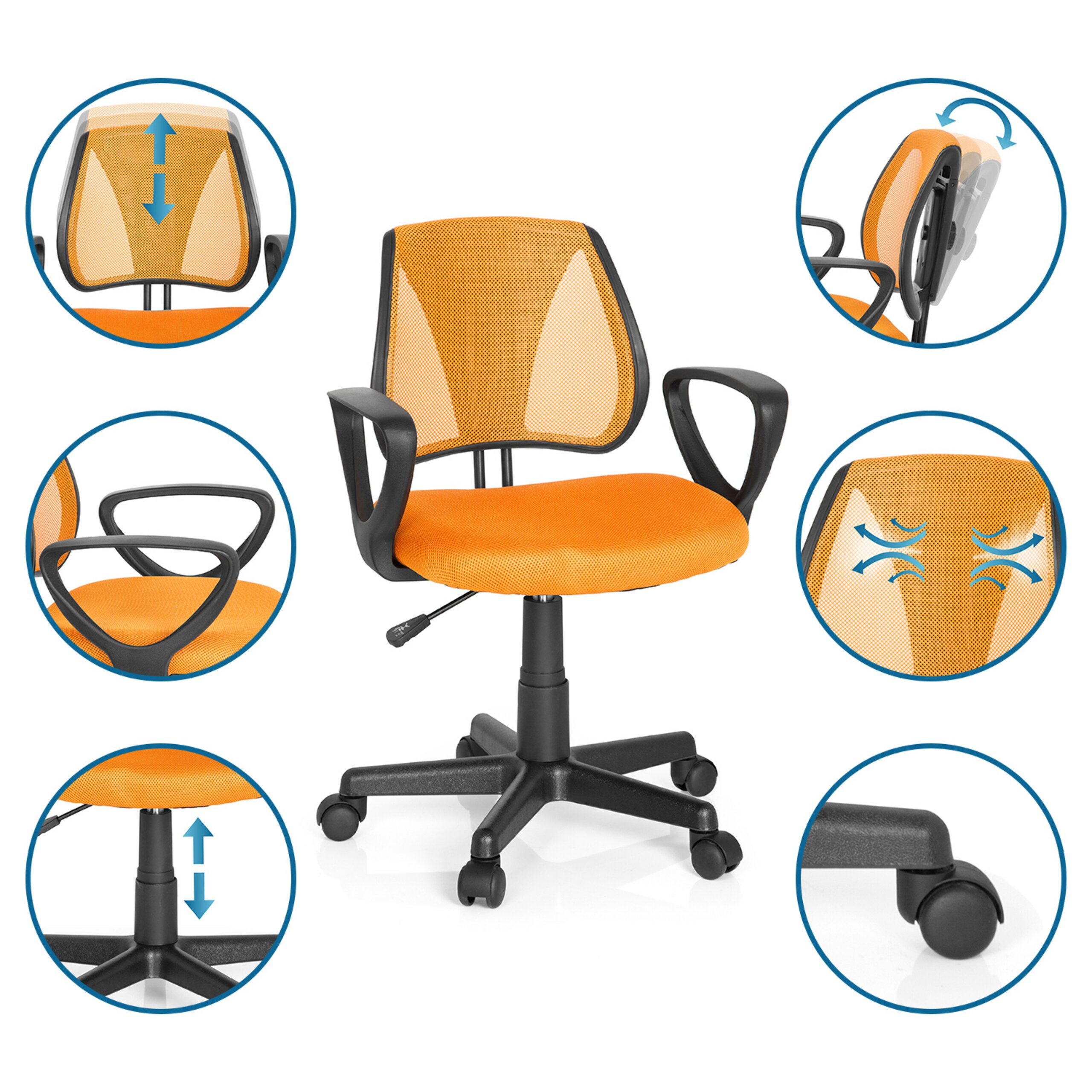 Ein orangefarbener Bürostuhl mit schwarzen Armlehnen und Rollen, umgeben von Detailkreisen, die Funktionen zeigen.