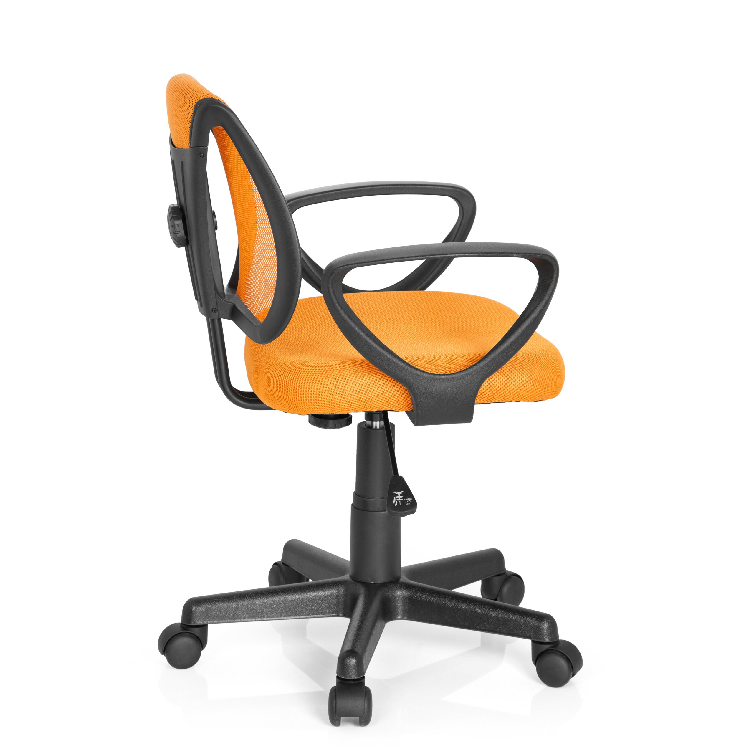 Ein orangefarbener Buerostuhl mit schwarzem Rahmen und rollbarem Sternfuss auf weissem Hintergrund.