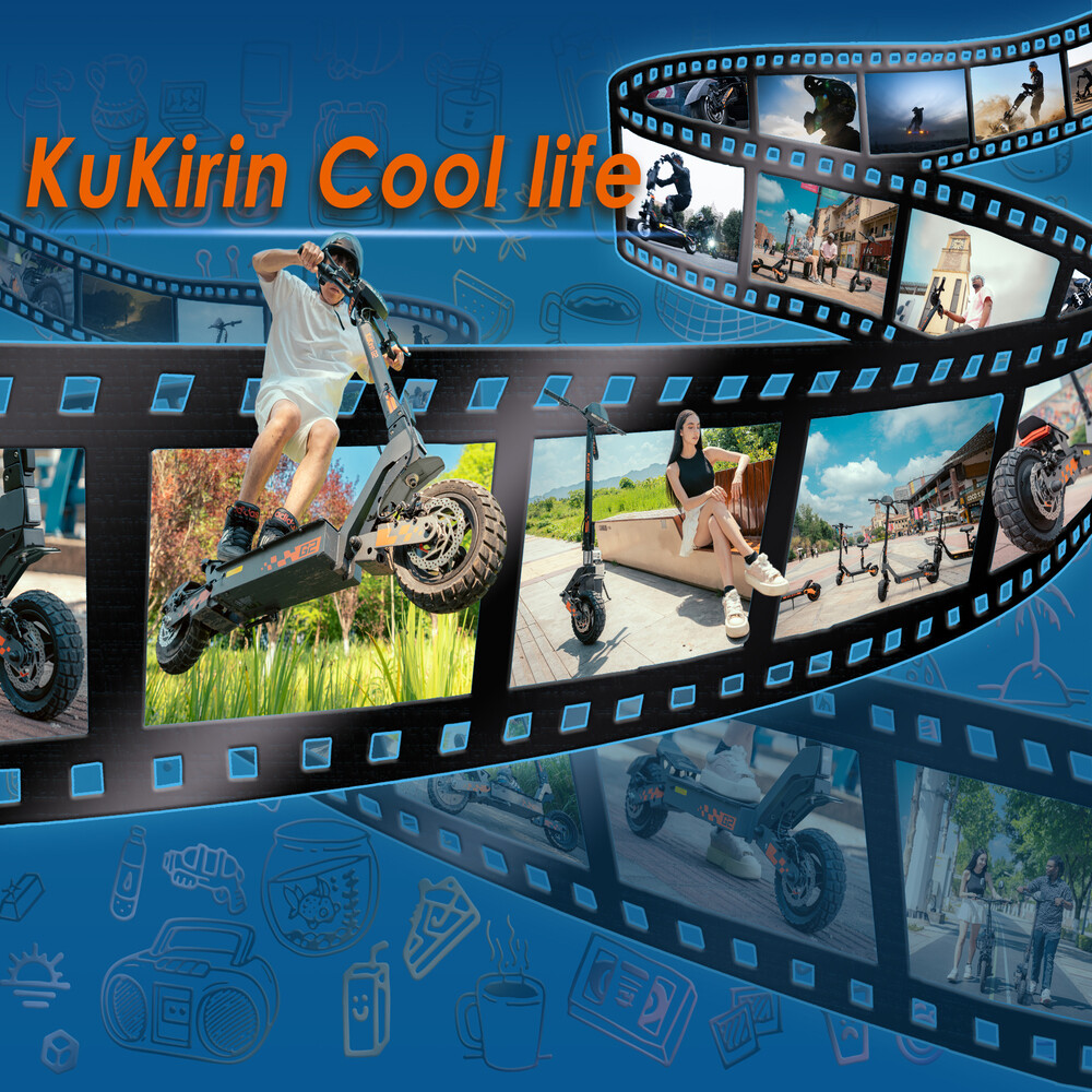 Eine blaue Collage mit KuKirin-Rollern, Text und Filmstreifen, die verschiedene Szenen zeigen.