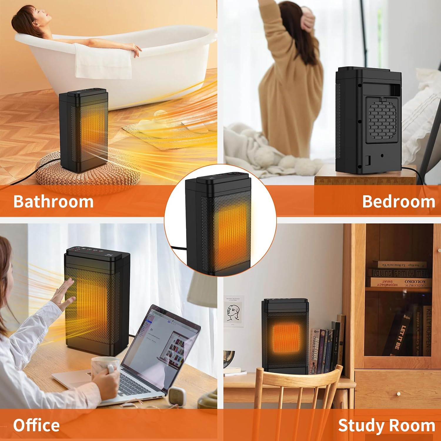 Ein schwarzer Keramik-Heizlüfter in verschiedenen Innenräumen wie Badezimmer, Schlafzimmer, Büro und Arbeitszimmer.