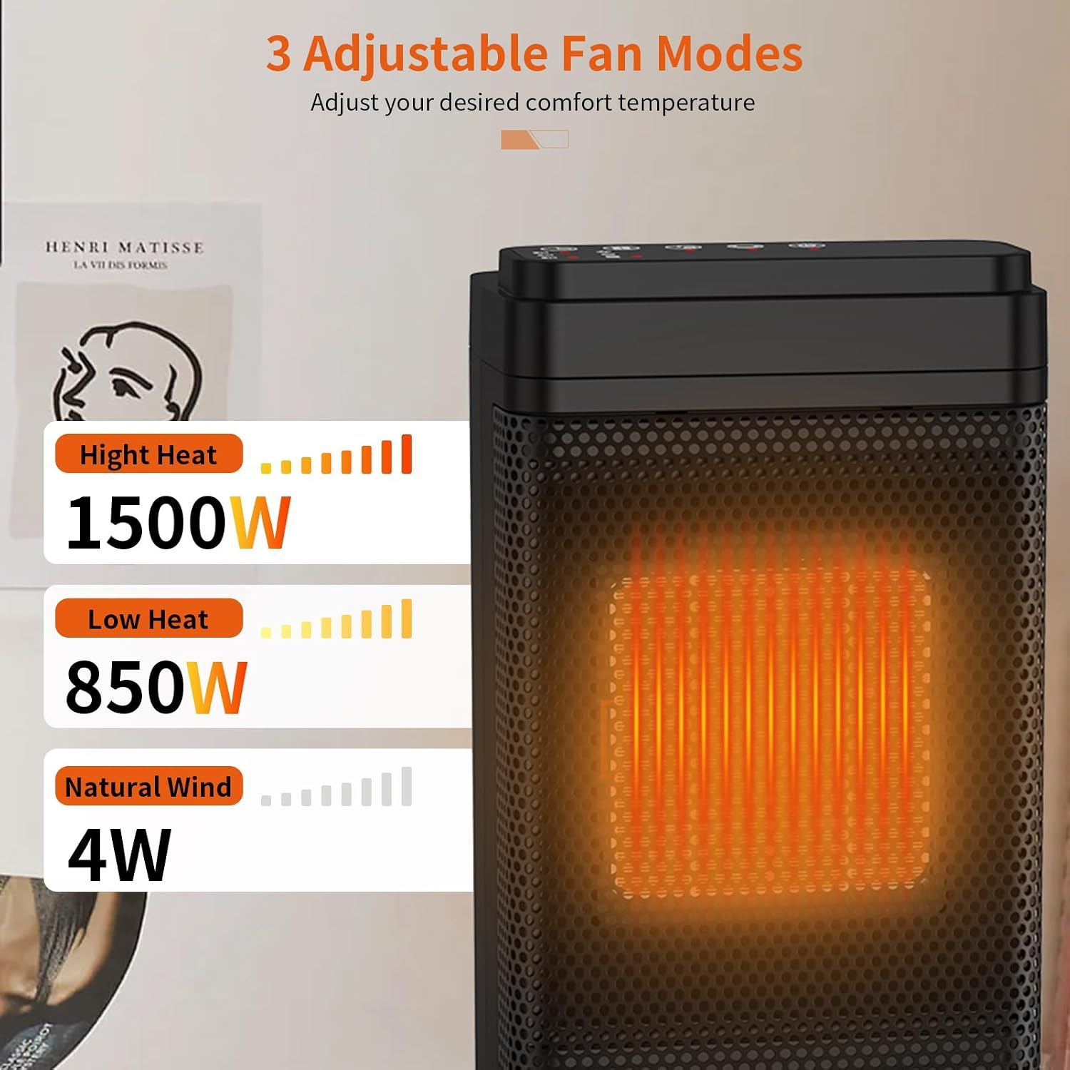 Schwarzer Raumheizer mit drei Modi: High Heat 1500W, Low Heat 850W und Natural Wind 4W.