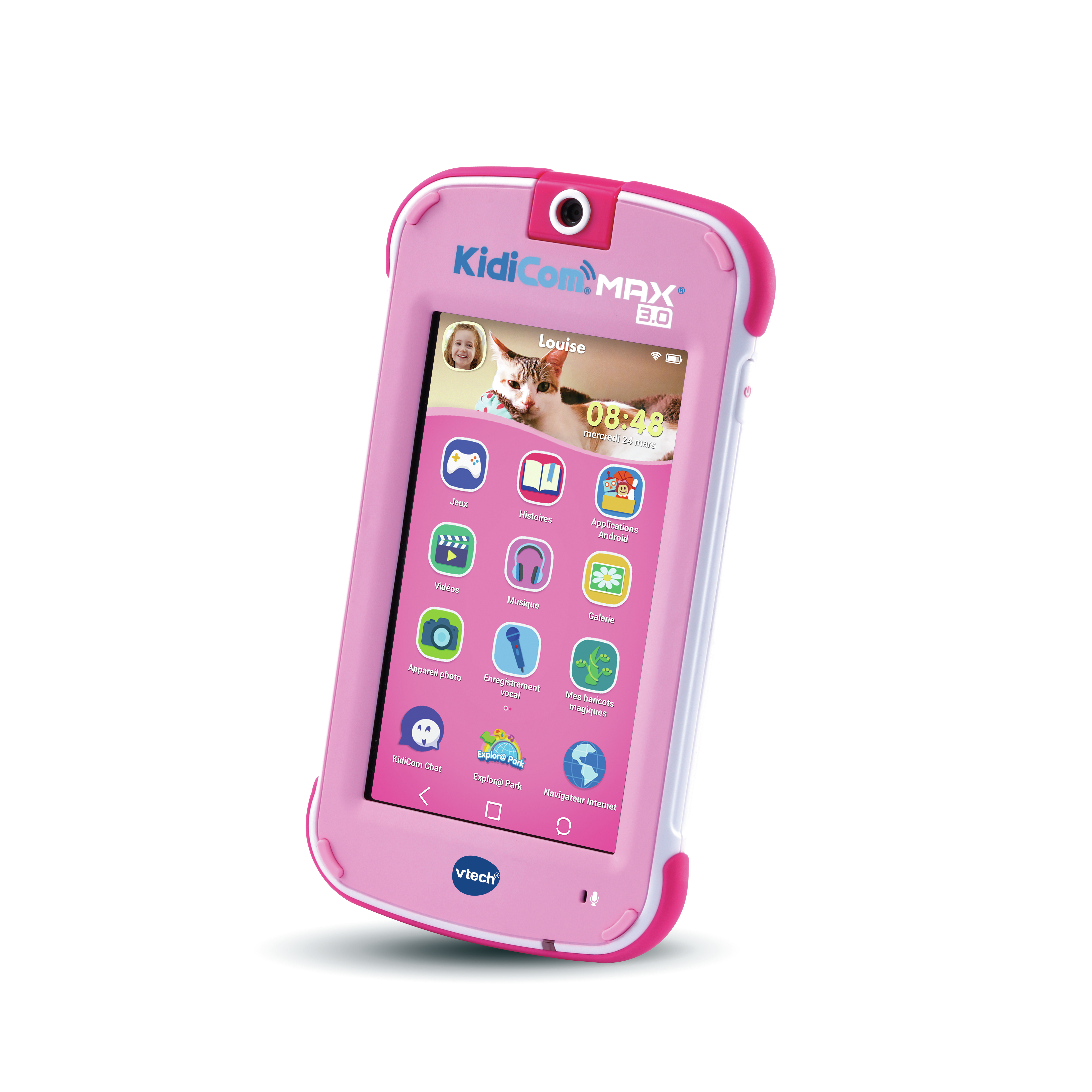 Rosa VTech KidiCom MAX 3.0 Smartphone für Kinder mit App-Symbolen auf dem Bildschirm vor weißem Hintergrund.