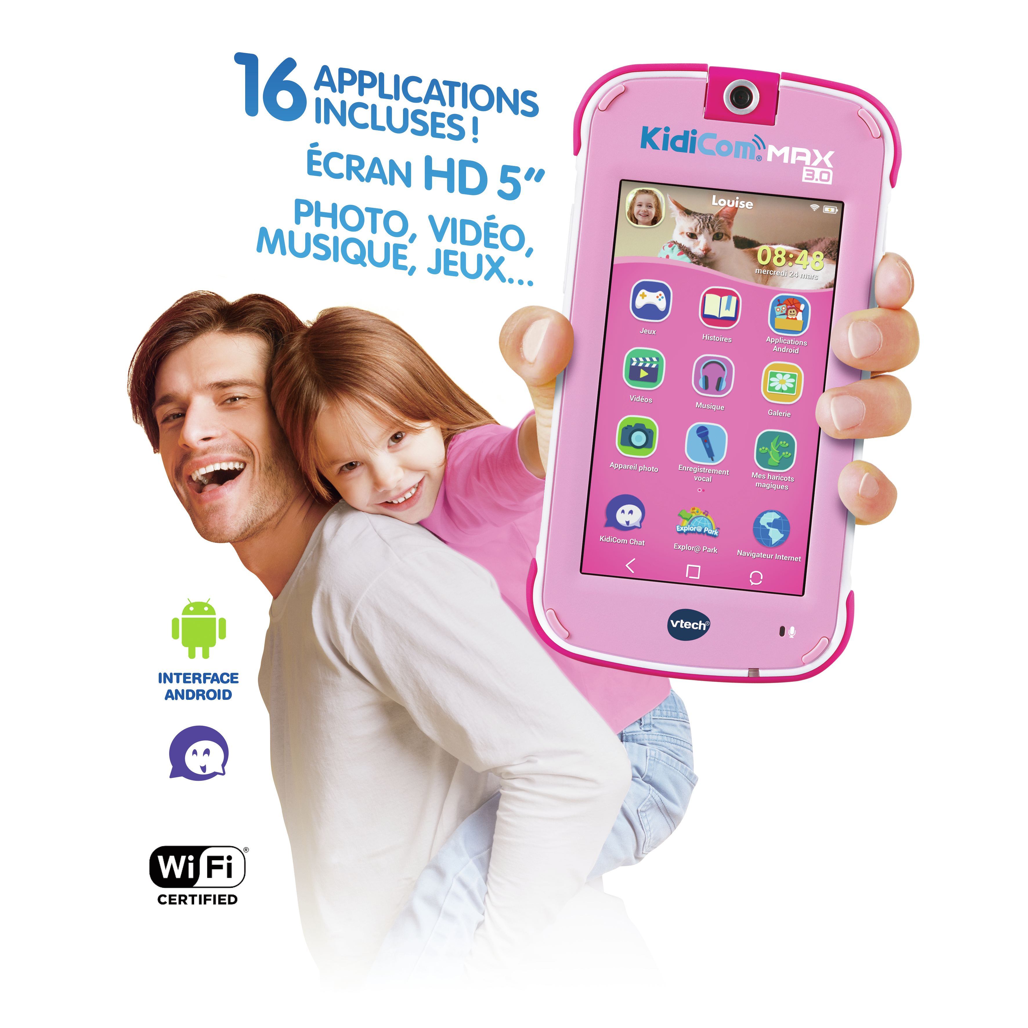 Ein Vater gibt seiner Tochter Huckepack, während sie ein rosa VTech KidiCom Max 3.0 Kindersmartphone hält.