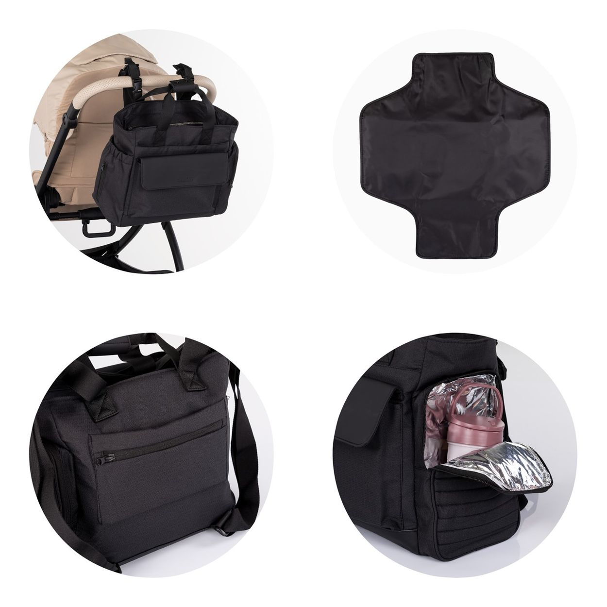 Eine schwarze Wickeltasche an einem Kinderwagen, geöffnet mit Fläschchen, Wickelunterlage und Seitentasche.