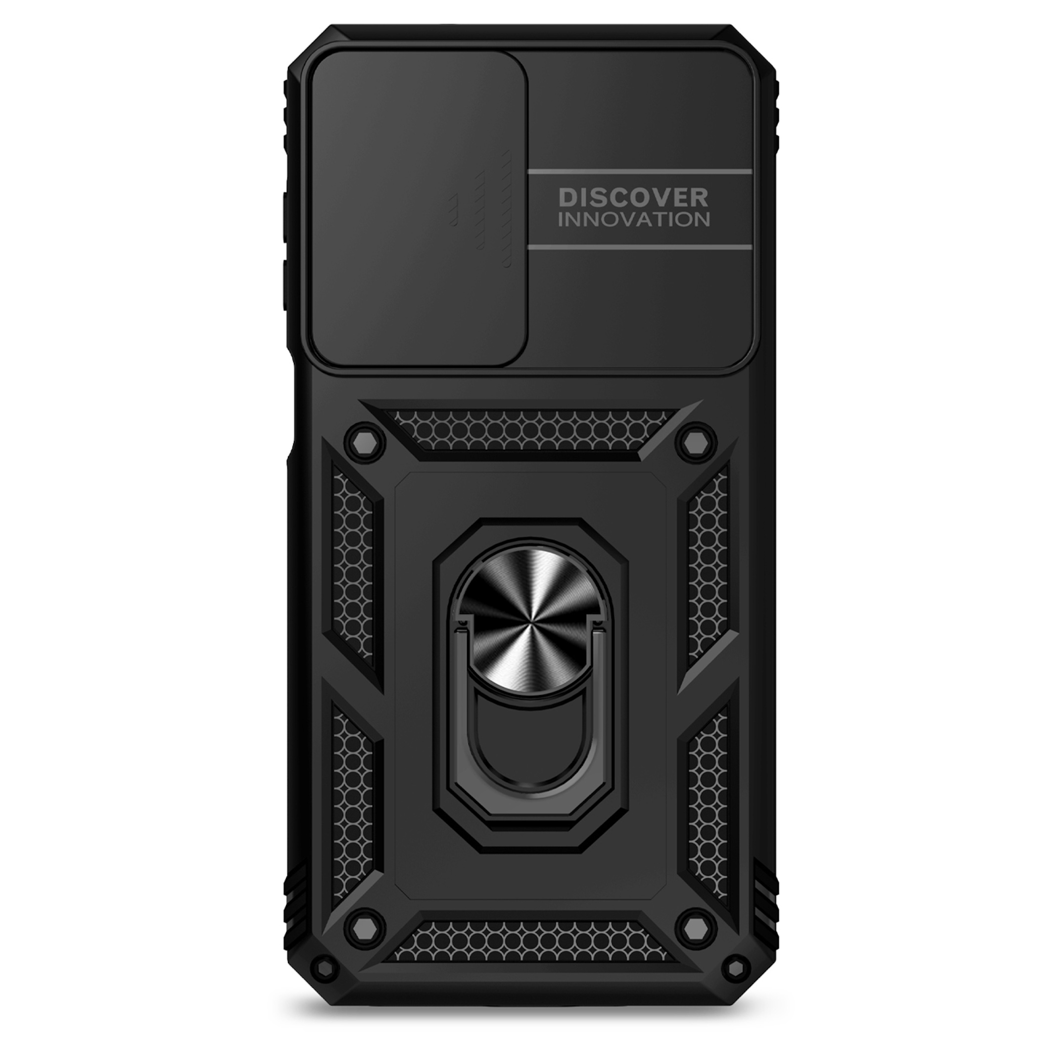 Eine schwarze, robuste Smartphone-Hülle mit verschiebbarer Kameraabdeckung und Metallring-Ständer.