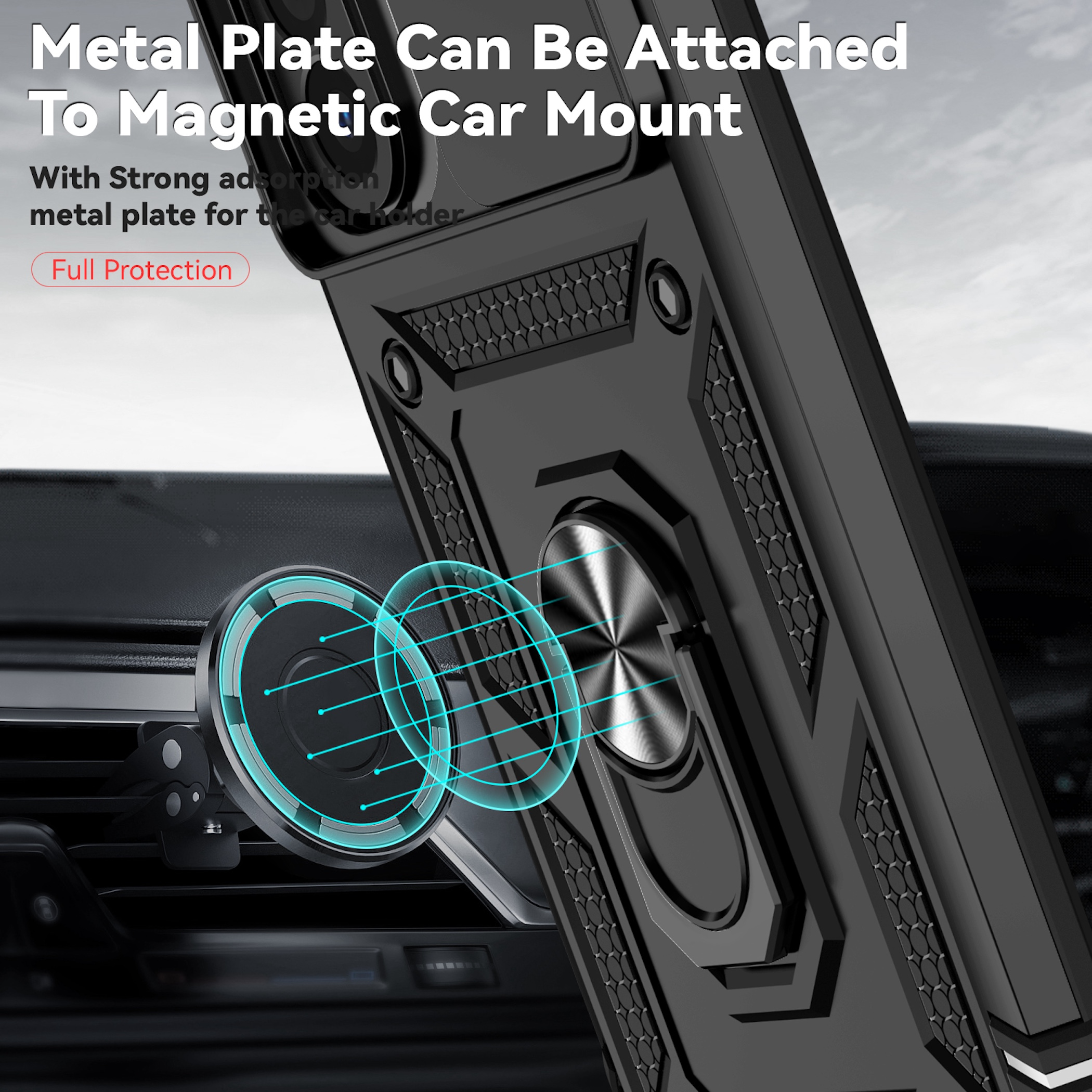 Eine schwarze, robuste Handyhülle mit Metallring, die magnetisch an einer Auto-Lüftungshalterung haftet.