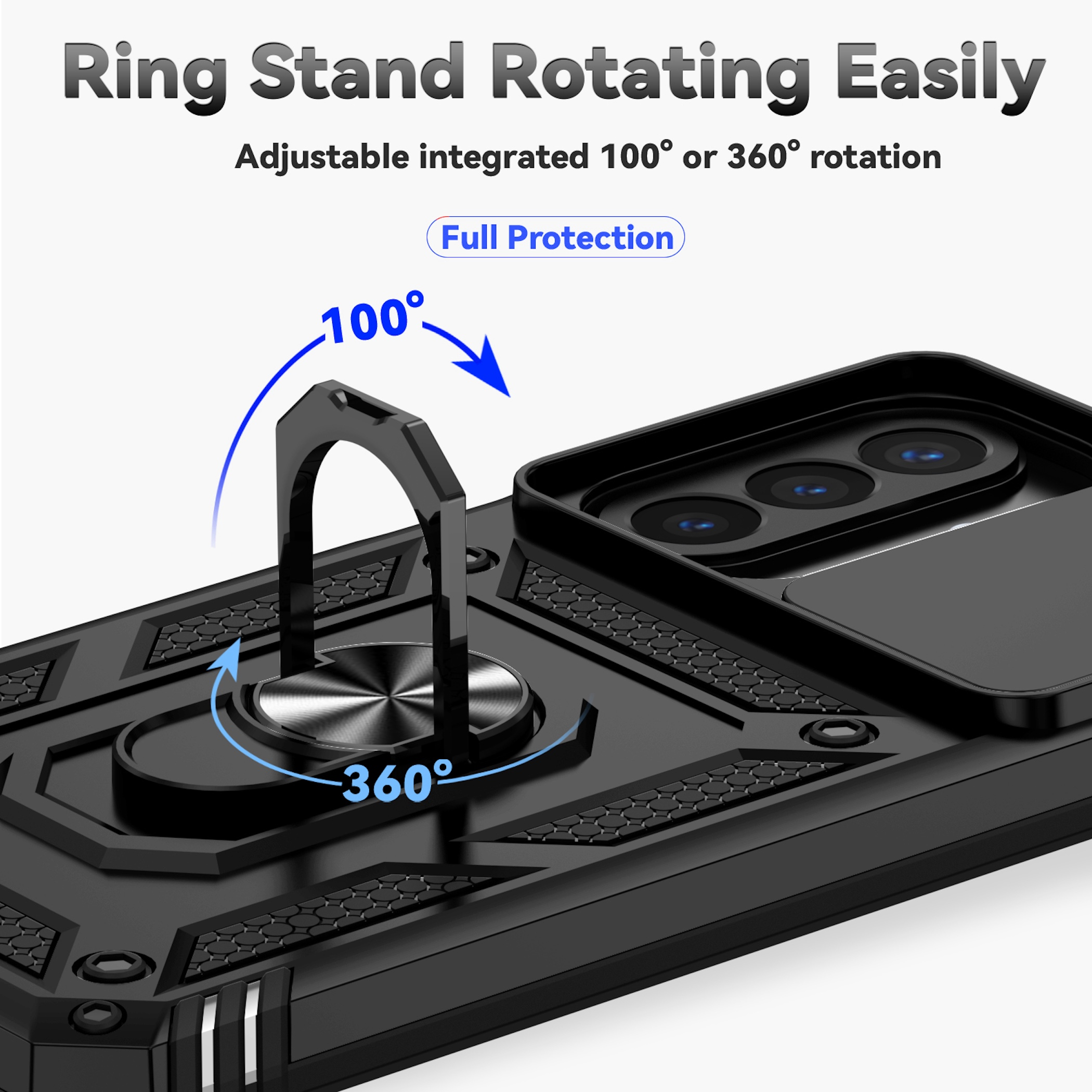 Schwarze Schutzhülle mit 360-Grad-rotierbarem Ringständer und Kameraabdeckung.