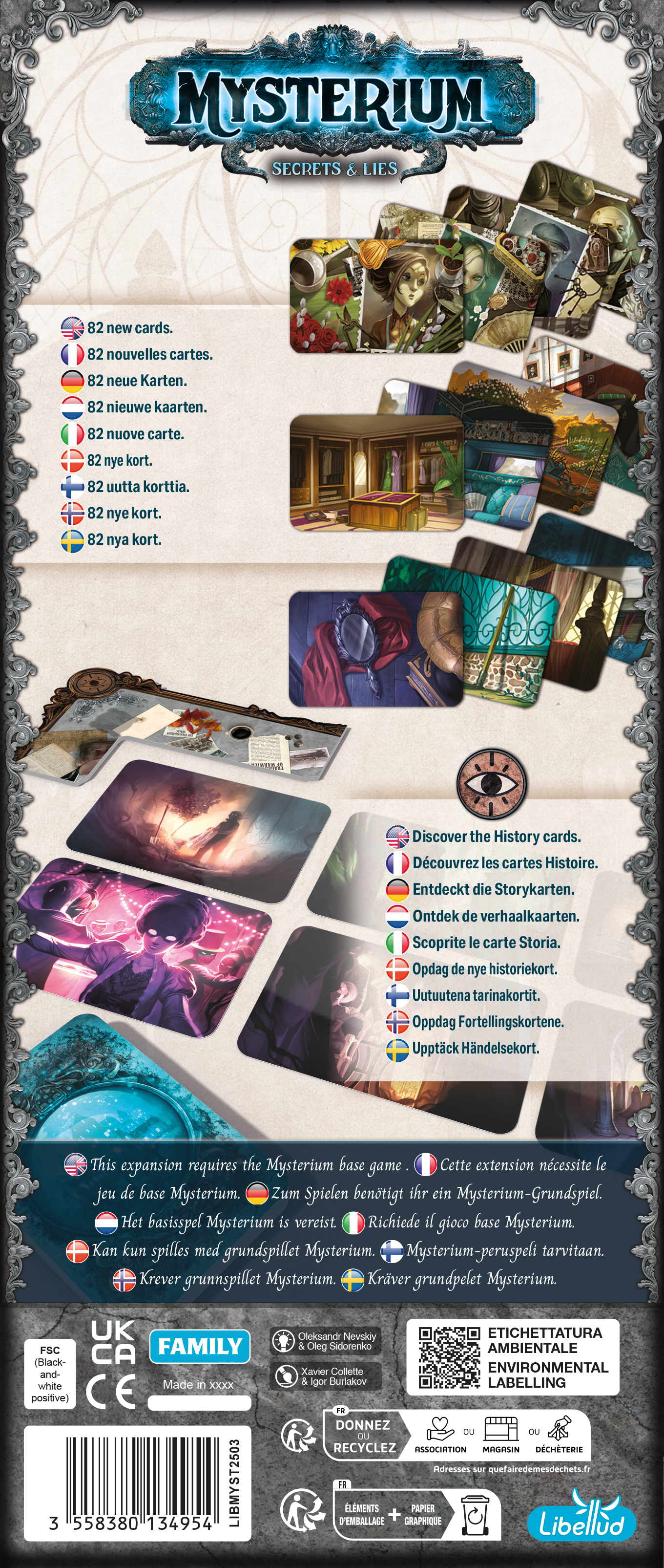 Rückseite der Brettspiel-Erweiterung "Mysterium Secrets & Lies" mit Karten und Texten in mehreren Sprachen.