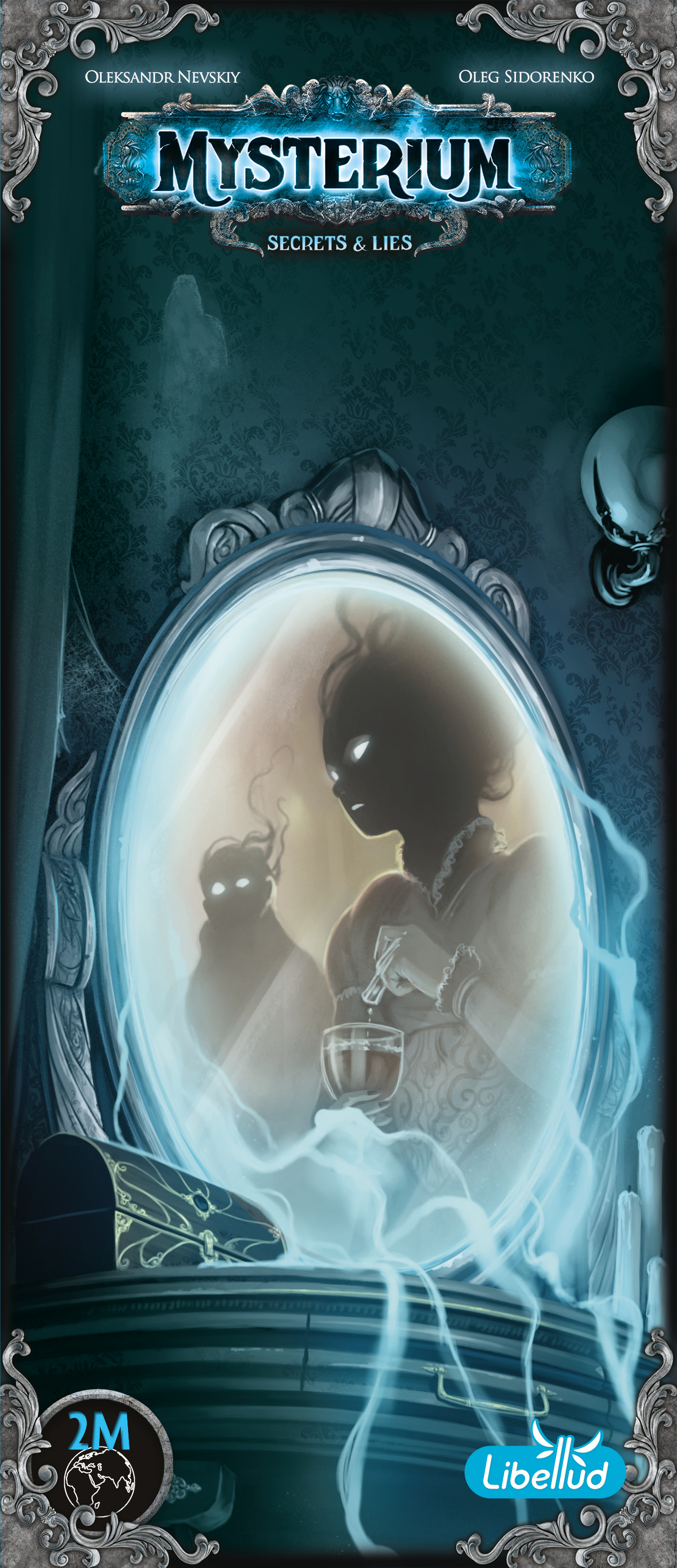 Mysterium Secrets & Lies Brettspielcover mit gespenstischen Figuren im Spiegel vor dunklem Hintergrund.