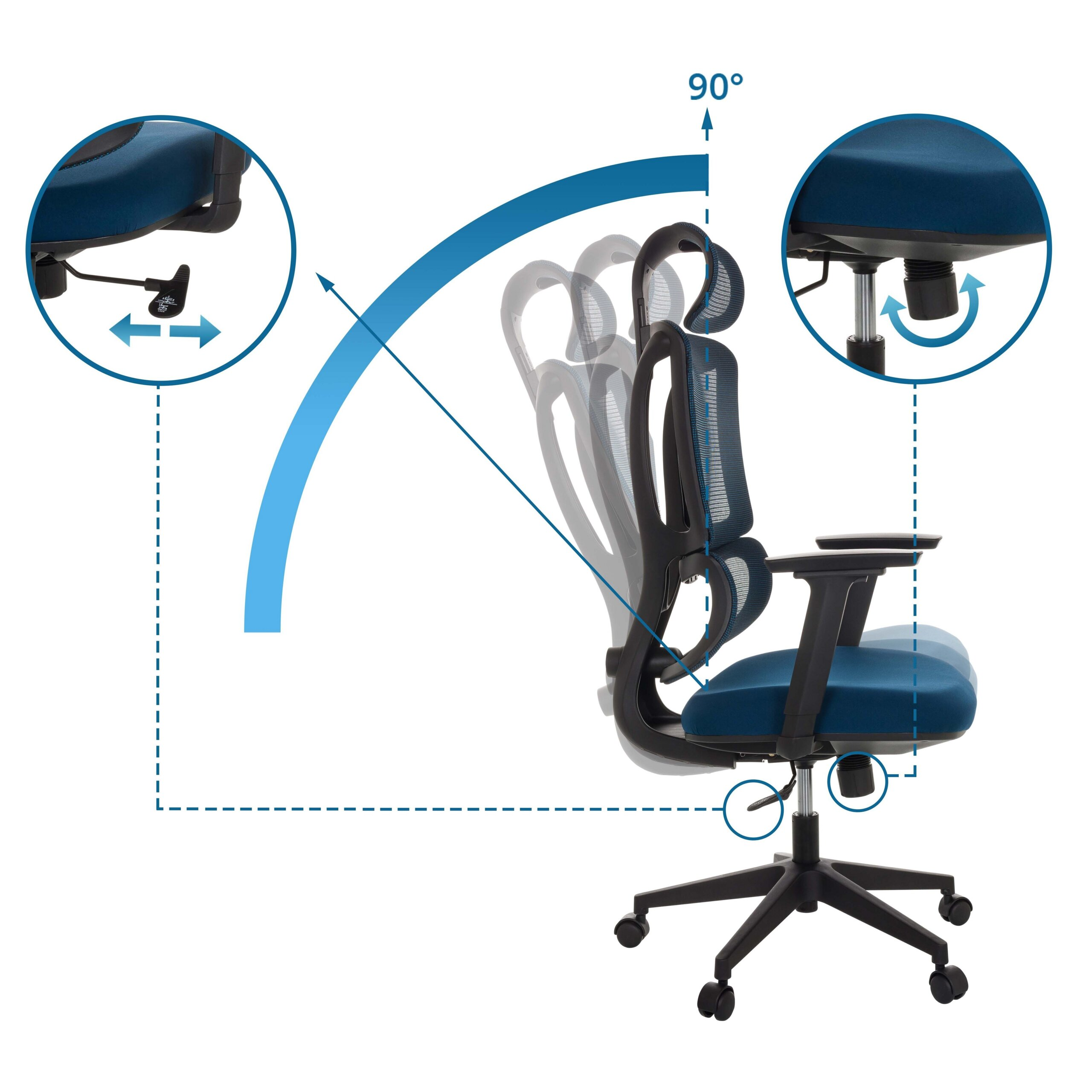 Diagramm zeigt die Neigungsverstellung eines blauen ergonomischen Bürostuhls.