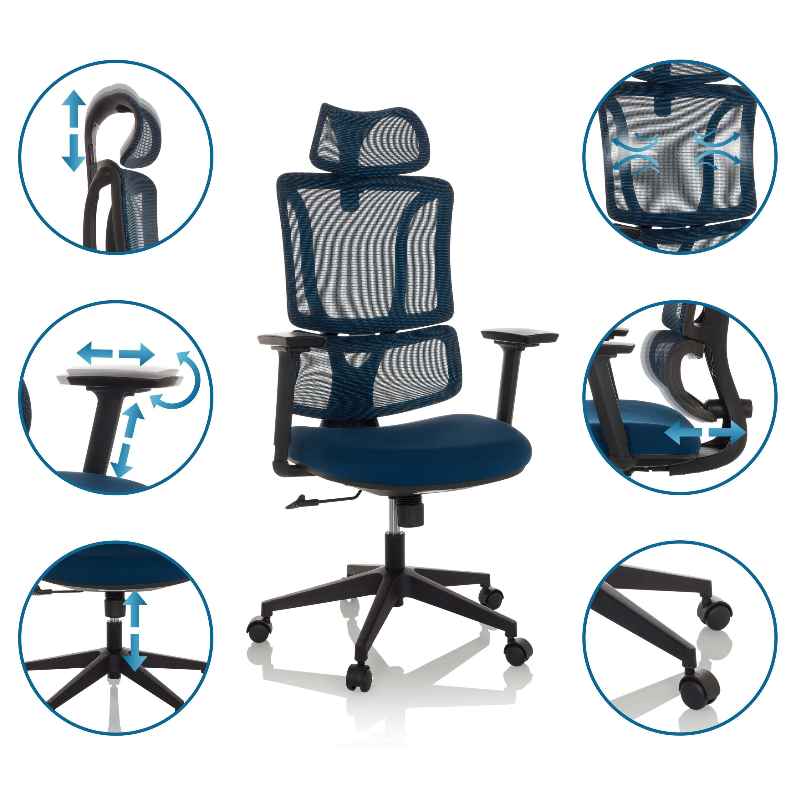 Ein blauer ergonomischer Buerostuhl mit Netzrückenlehne, umgeben von kleinen Detailaufnahmen, die Funktionen zeigen.